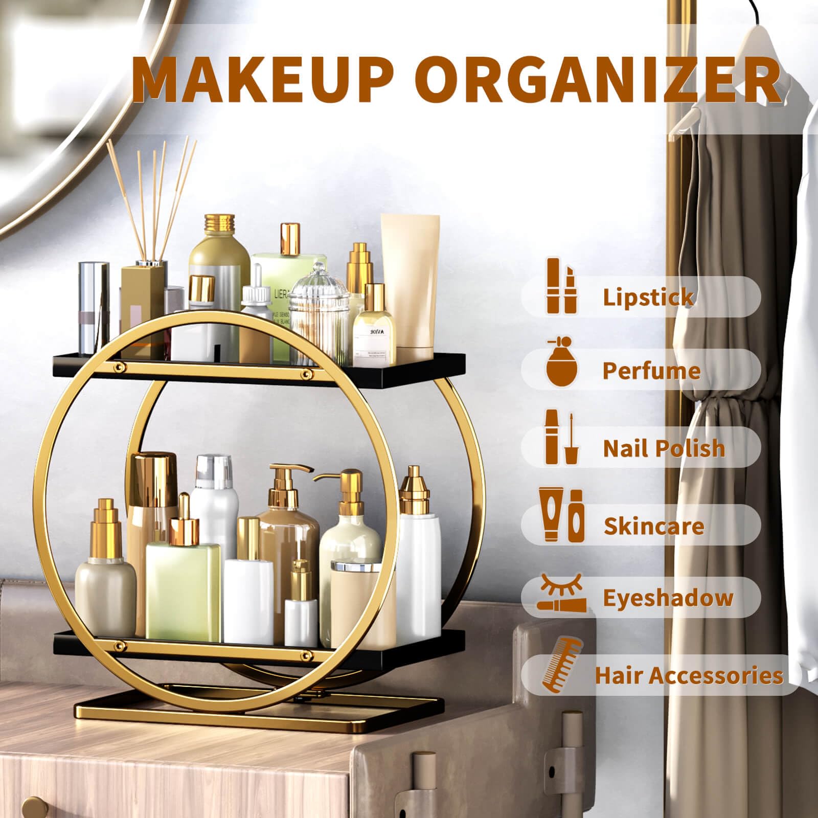 Yiwanfw Makeup Organizer For Vanity, Black Gold Perfume Organizer For Dresser- 2 Tier Skincare Organizers Bathroom Countertop Or