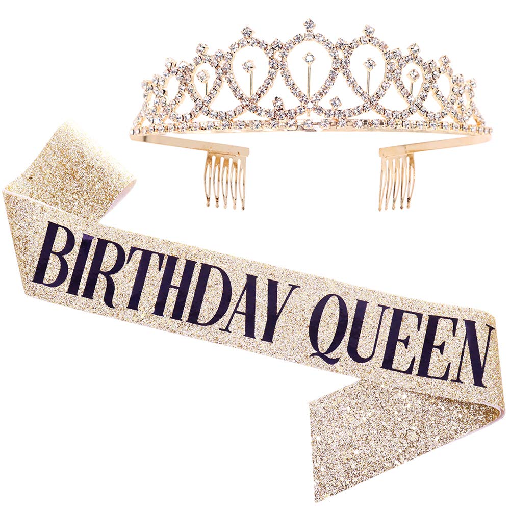 'Birthday Queen'' Sash & Rhinestone Tiara Kit - 21St 30Th Birthday Gifts Birthday Sash For Women Birthday Party Supplies (Gold