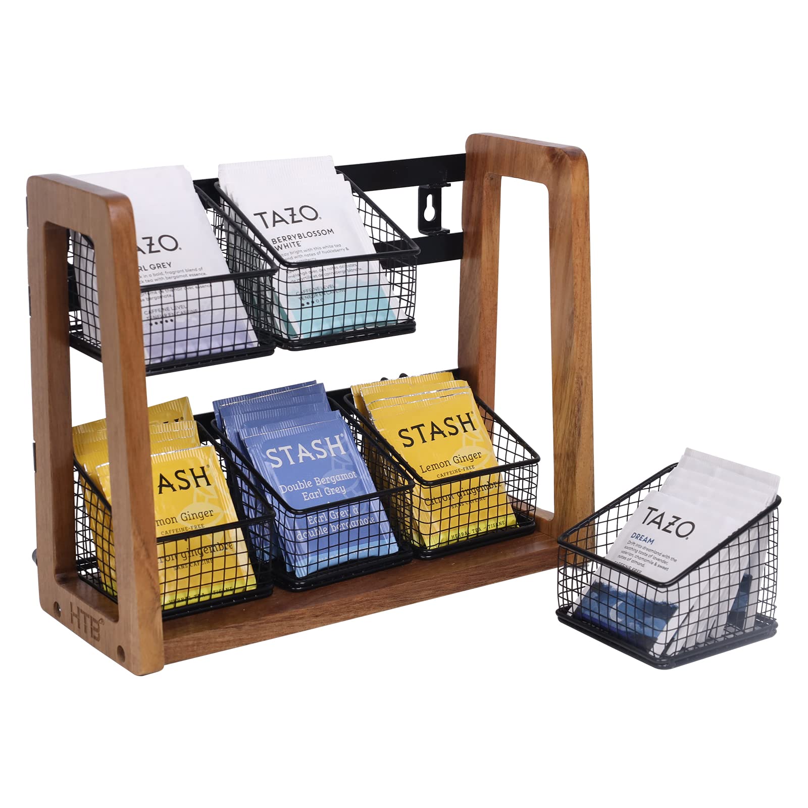 Htb 2 Tier Tea Organizer For Tea Bags, Tea Bag Holder With Acacia Wood Stand And 6 Removable Metal Basket For Sugar Packets, Swe