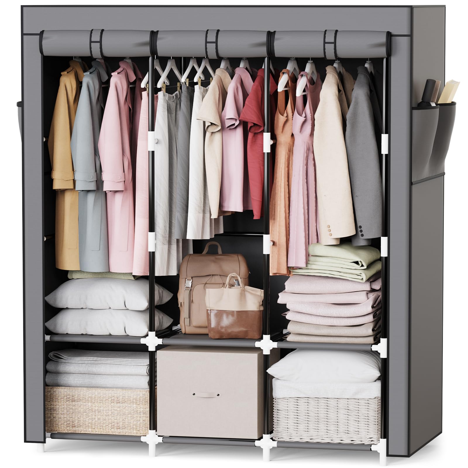 Mavivegue Portable Closet, Wardrobe Closet Organizer With Cover, 3 Hanging Rods And Shelves,Large Capacity For Bedroom, Living R