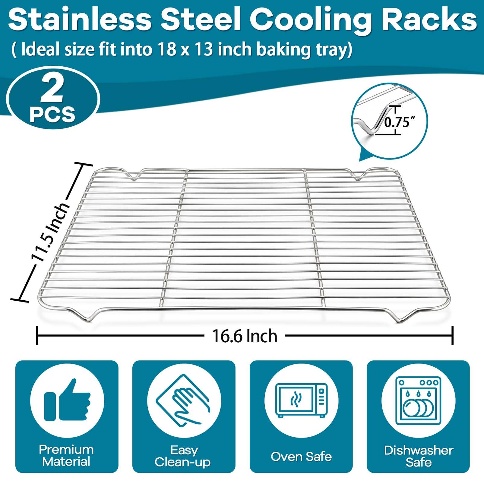 P&P Chef Baking Rack Cooking Rack Set Of 2-16.6''X11.5, Stainless Steel Wire Cooling Drying Roasting Rack, Fits Half Sheet Cooki