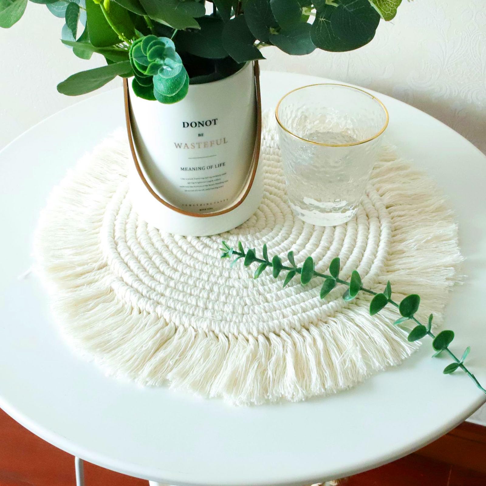 2 Pcs Pot Holder Macrame Handmade Cotton Woven Boho Placemats Tassels Table Mats Coaster Hot Dishes Round Braided Placemats For