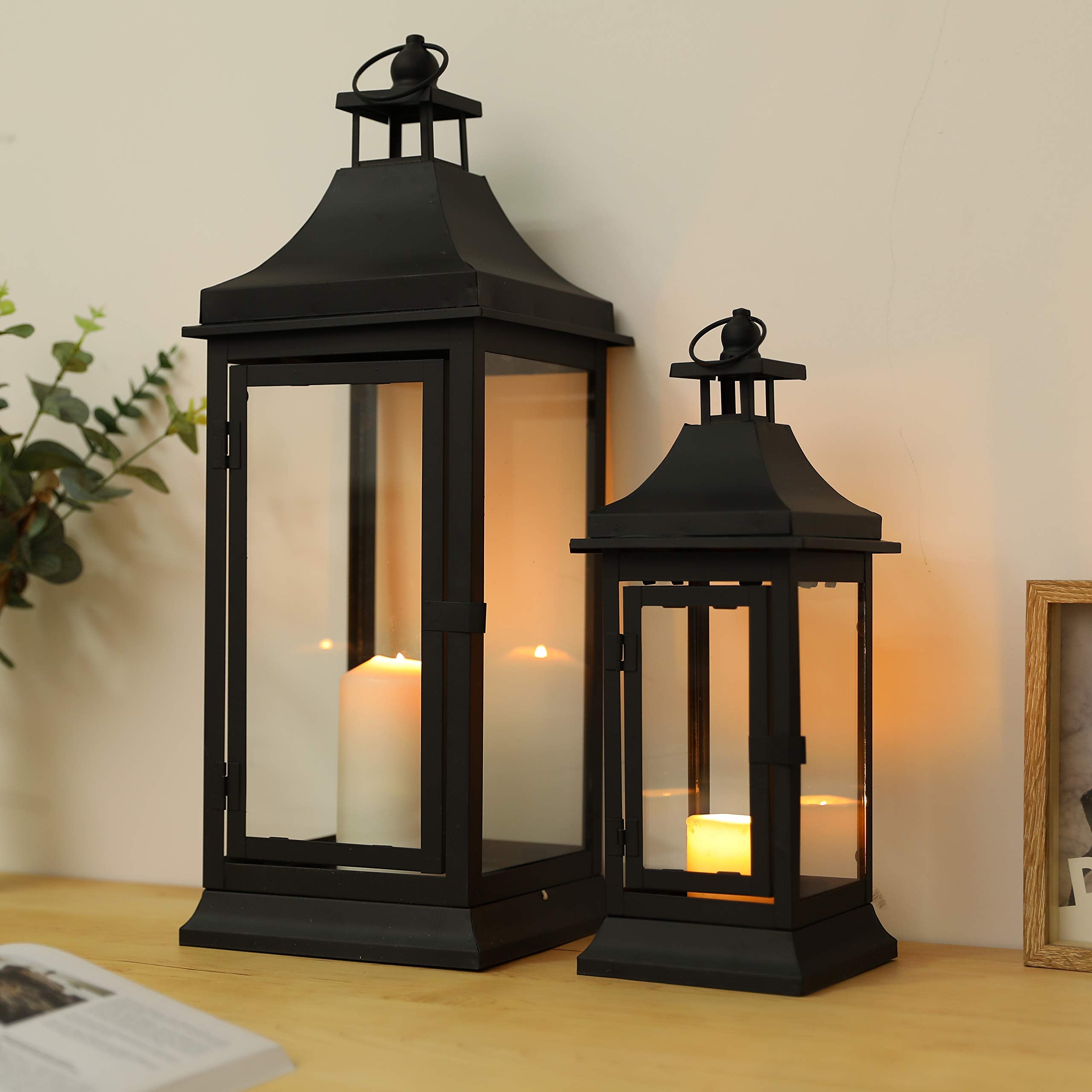 JHY DESIgN Set of 2 13&195Tall Outdoor candle Lanterns Vintage Hanging Tower Lantern Metal candle Holder for garden Living Room Indoor Outdoor Parties Weddings Balcony(Black)