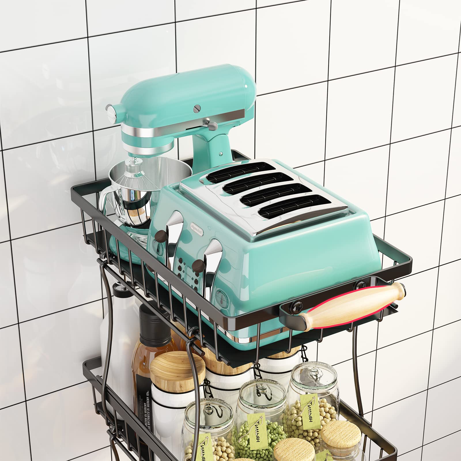 Fruit Vegetable Storage Basket for Kitchen - 4 Tier Slim Stackable Metal Wire Basket Cart with Rolling Wheels Utility Rack Onions Potatoes Organizer Bins for Kitchen Pantry Black