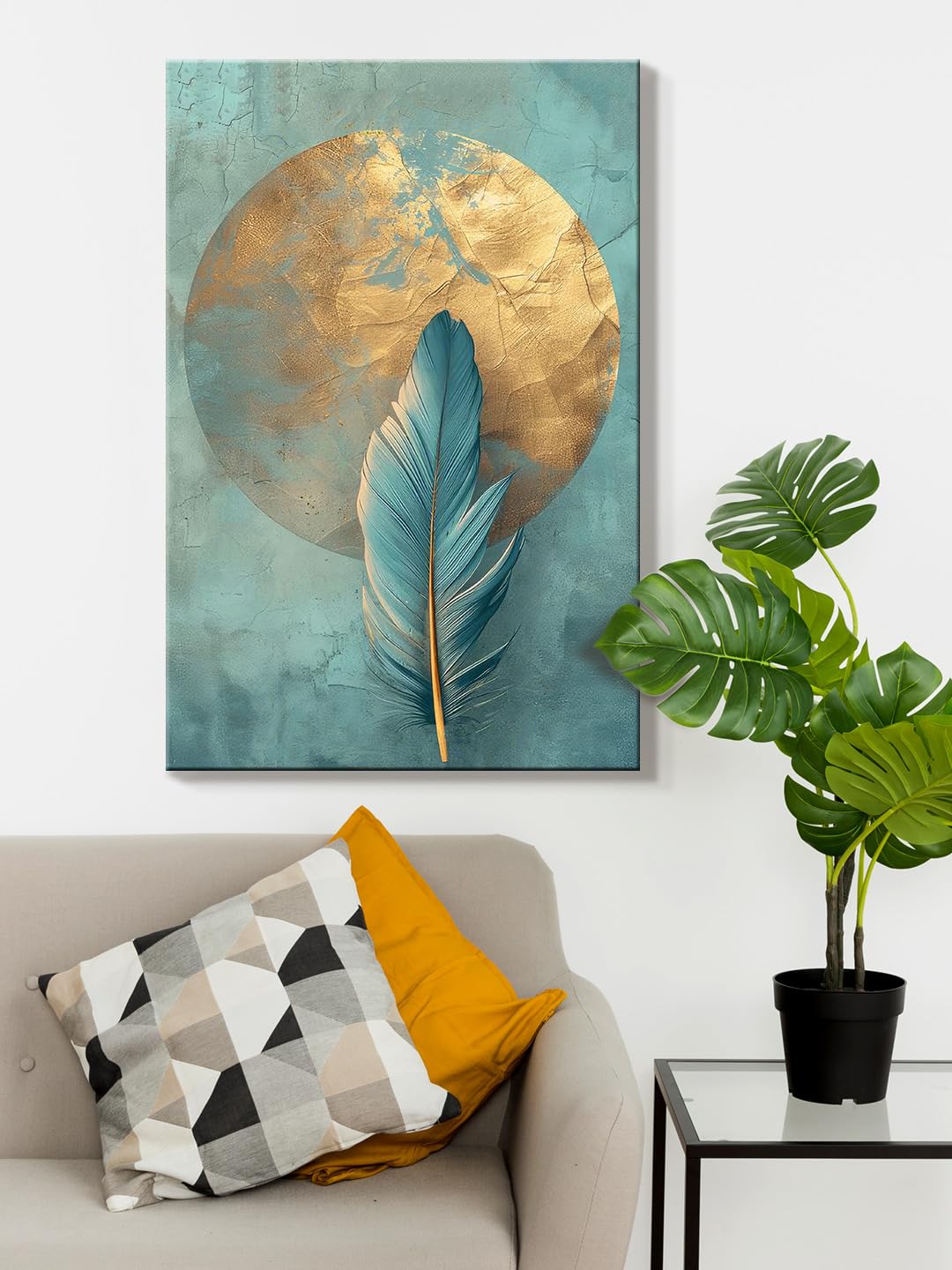 999Store Feather Canvas Painting With Gold And Turquoise Accents - Modern Wall Art For Elegant Interiors(24X36 Inch_ Canvas) Flp