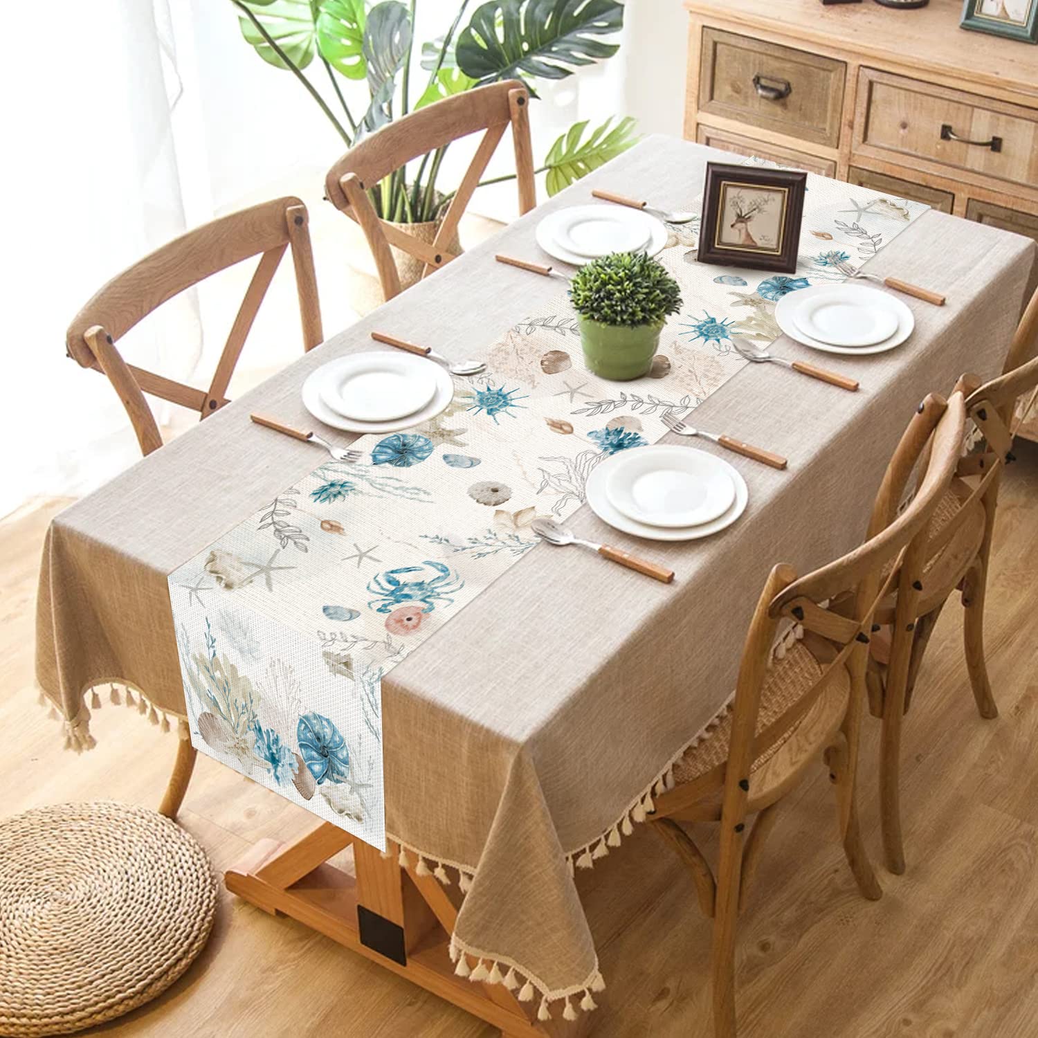 Procida Blue Beach Table Runner Tropical Ocean Coastal Table Runners Seashell Burlap Seasonal Nautical Kitchen Dining Coffee Tab