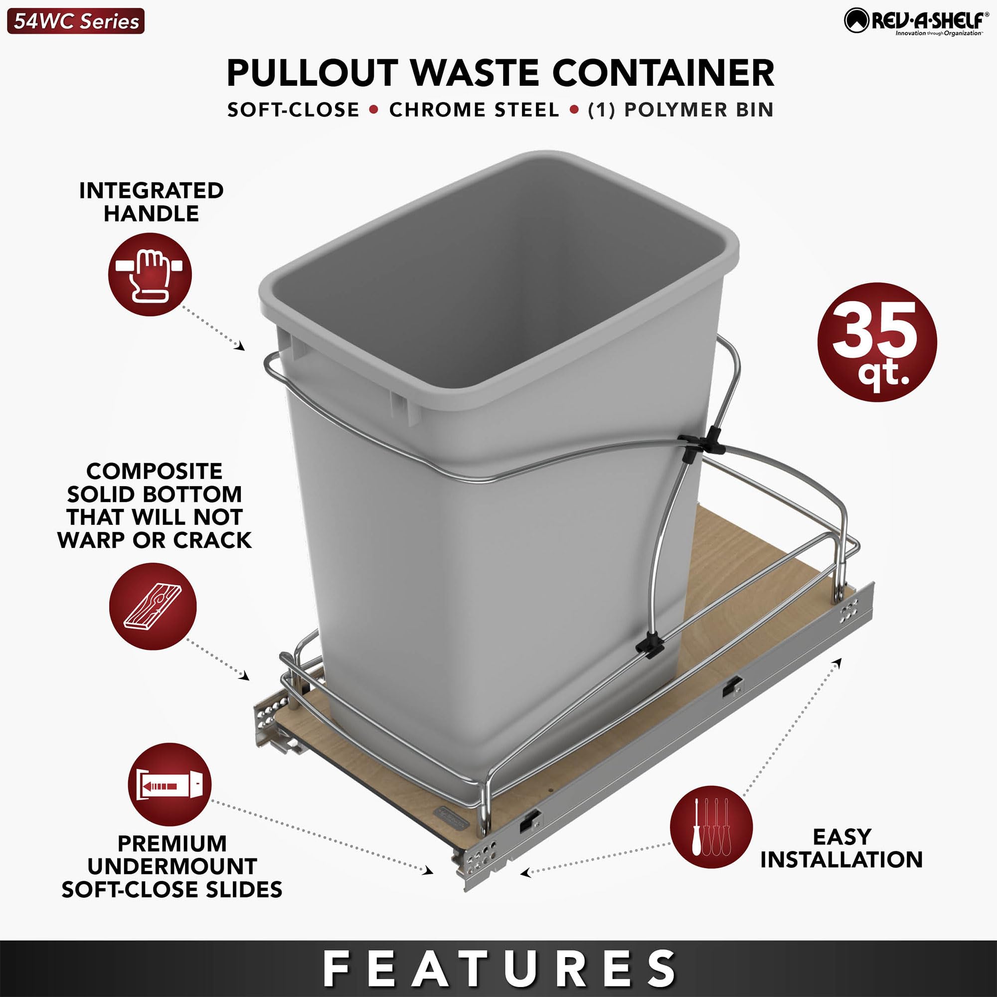 Rev-A-Shelf Steel Bottom Mount Single 35 Quart 8.75 Gallon Waste Bin Trash Container For Under Kitchen Cabinet With Soft Close,