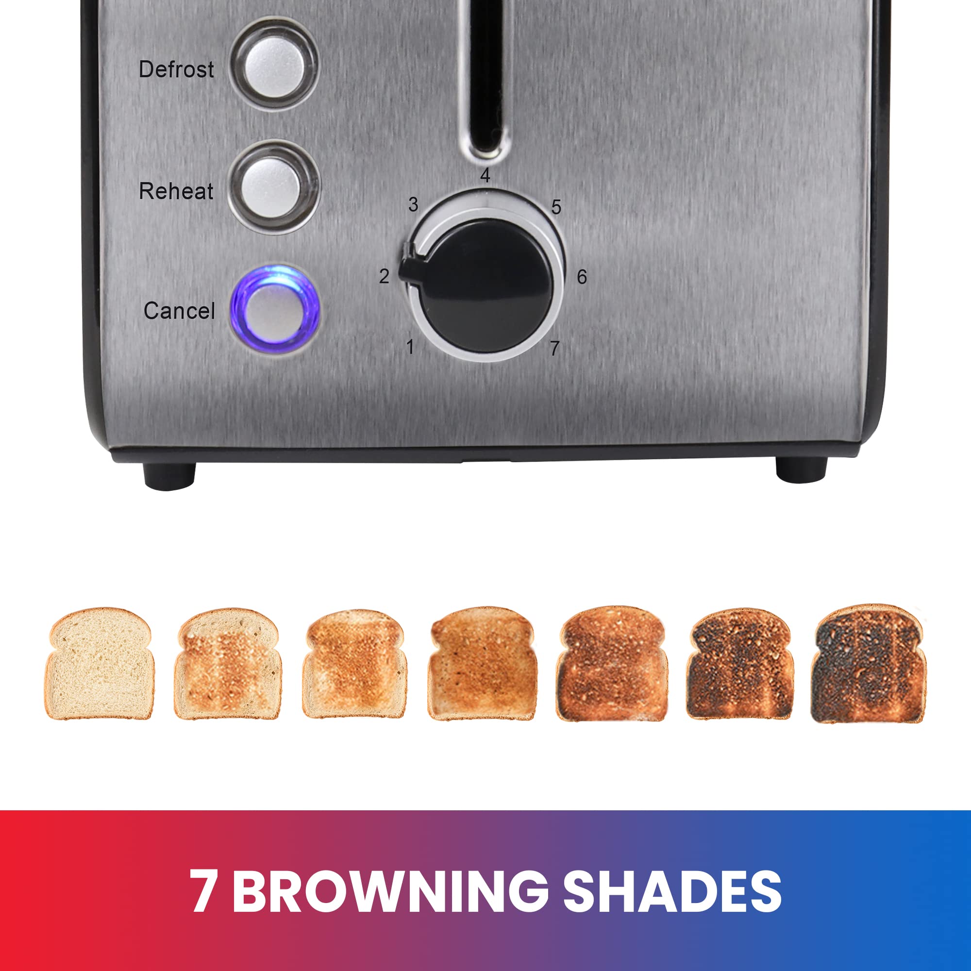 Total Chef Toaster 2 Slice Bread Begal Defrost Reheat Function 7 Browining Level Small Kitchen Appliance