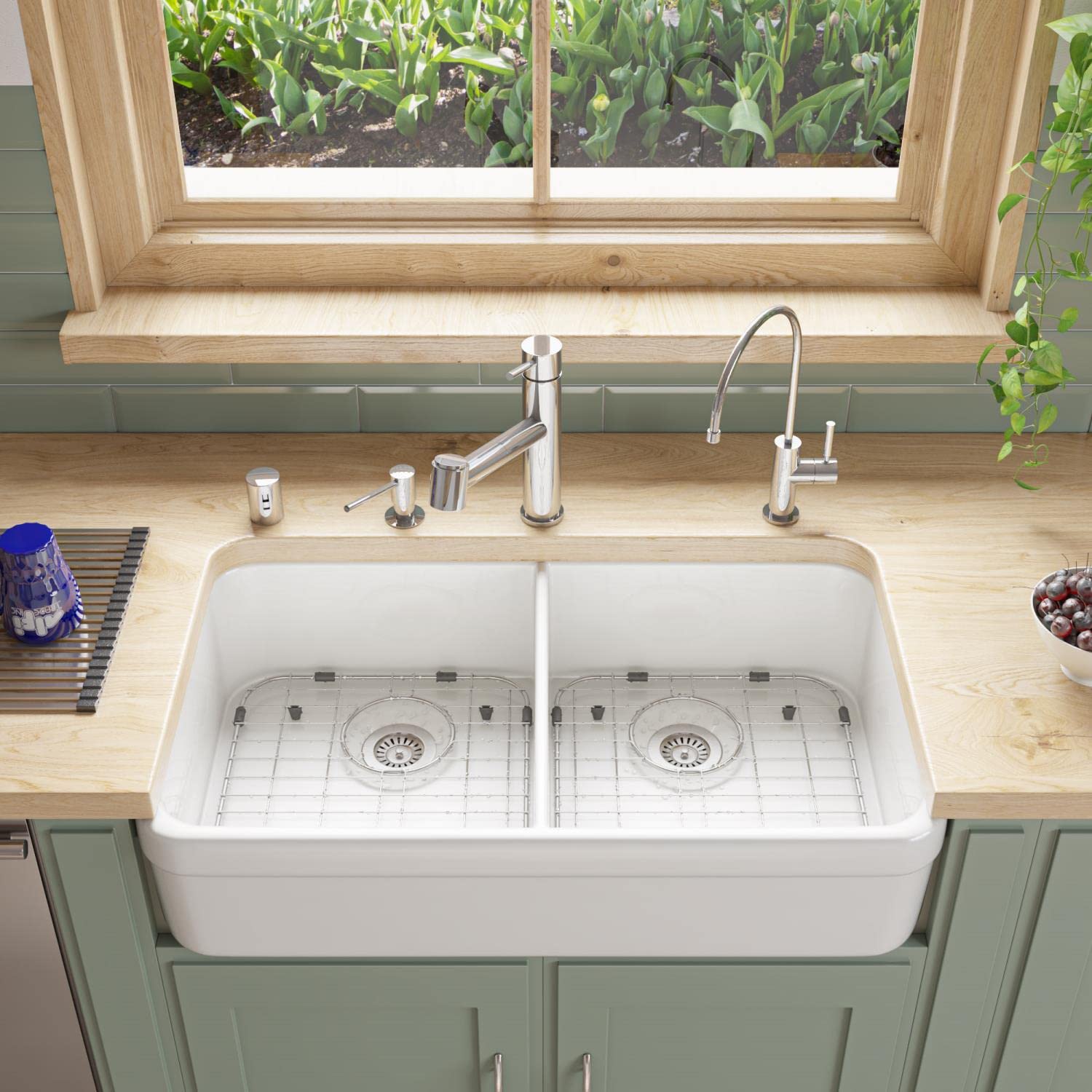 Alfi Brand Ab512 32-Inch Double Bowl Fireclay Farmhouse Kitchen Sink With 1 3/4-Inch Lip, White
