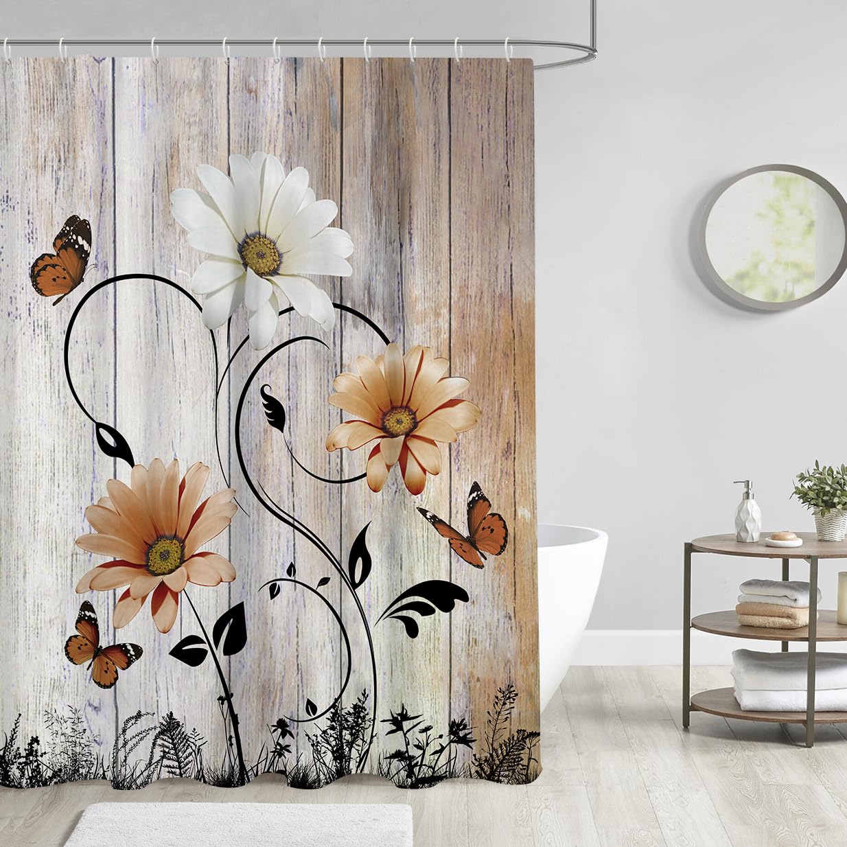 Aatter Burnt Orange Floral Shower Curtain Rustic Flower White Daisy Country Butterfly Vintage Terracotta Bright Polyester Home B
