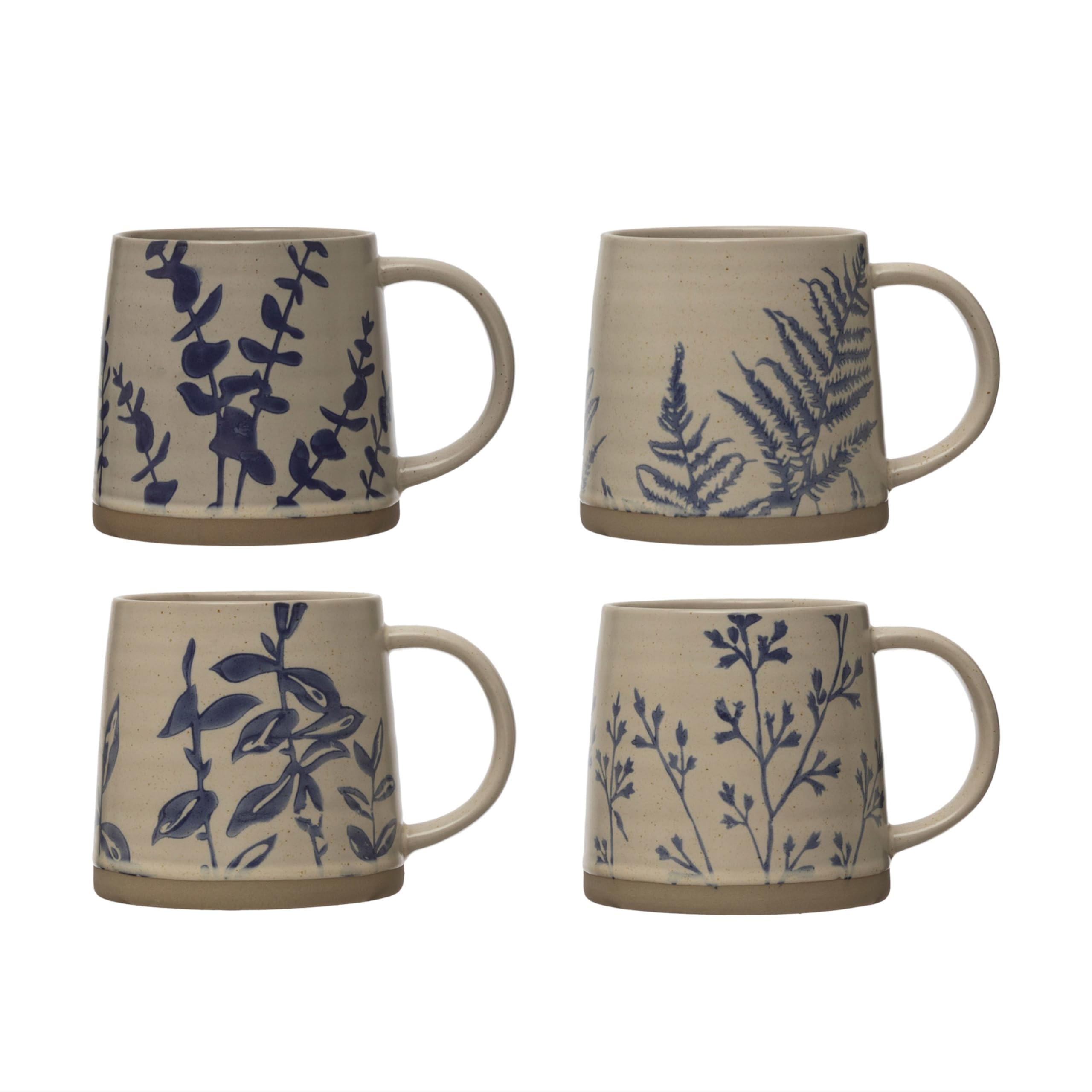 Creative CoOp Hand Stamped Stoneware Mug with Wax Relief Botanical Design, Antique Blue and White, Set of 4 Styles