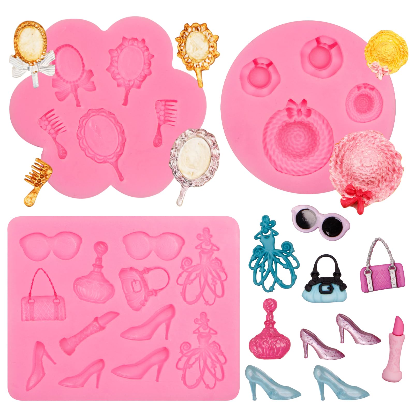 Makeup Theme Fondant Molds, High Heels Lipstick Perfume Silicone Molds, Mirror Comb Sun Hat Cake Decorating Chocolate Molds for 