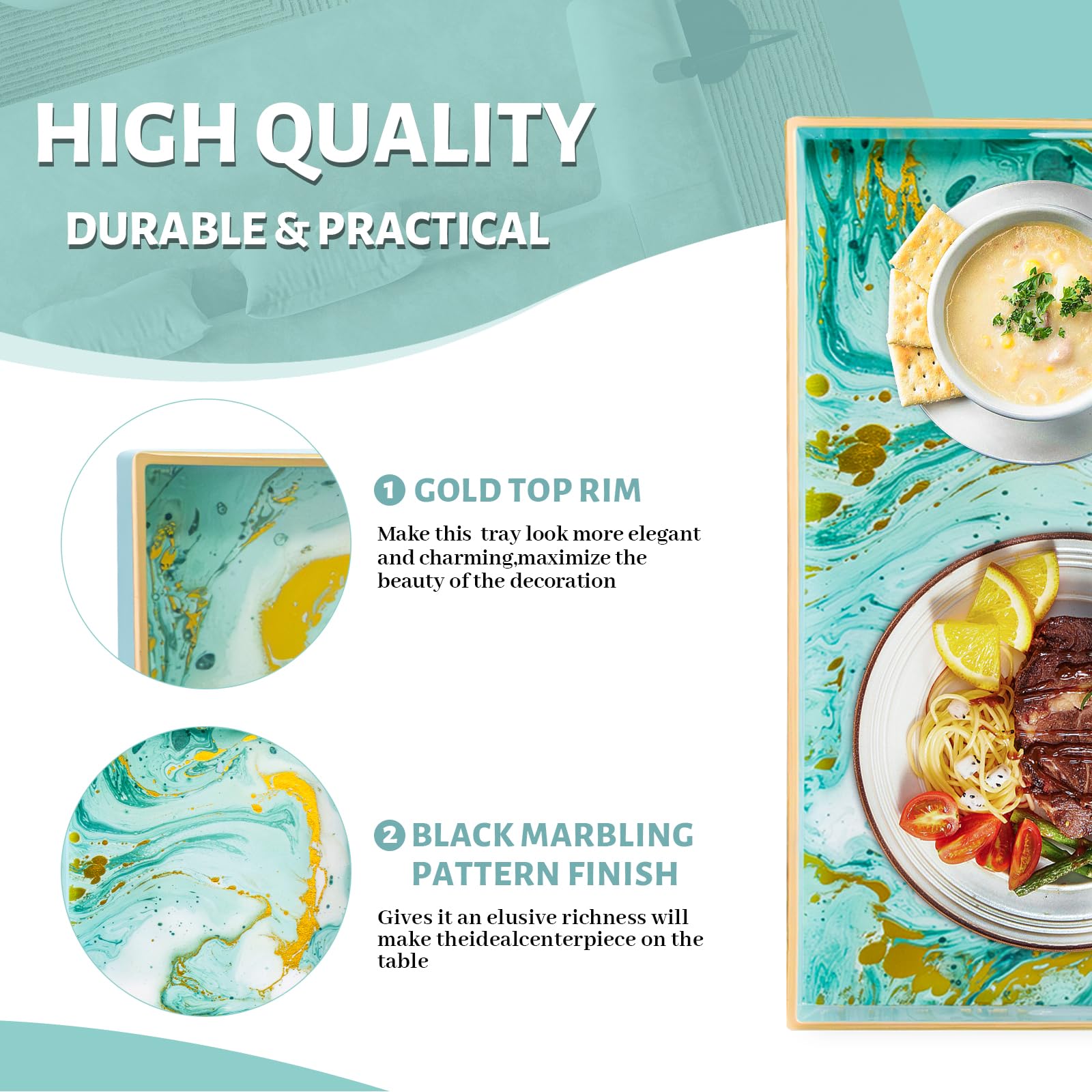 Maoname Turquoise Serving Tray With Handles, Plastic Decorative Tray For Coffee Table, Marbling Rectangular Tray For Bathroom, O
