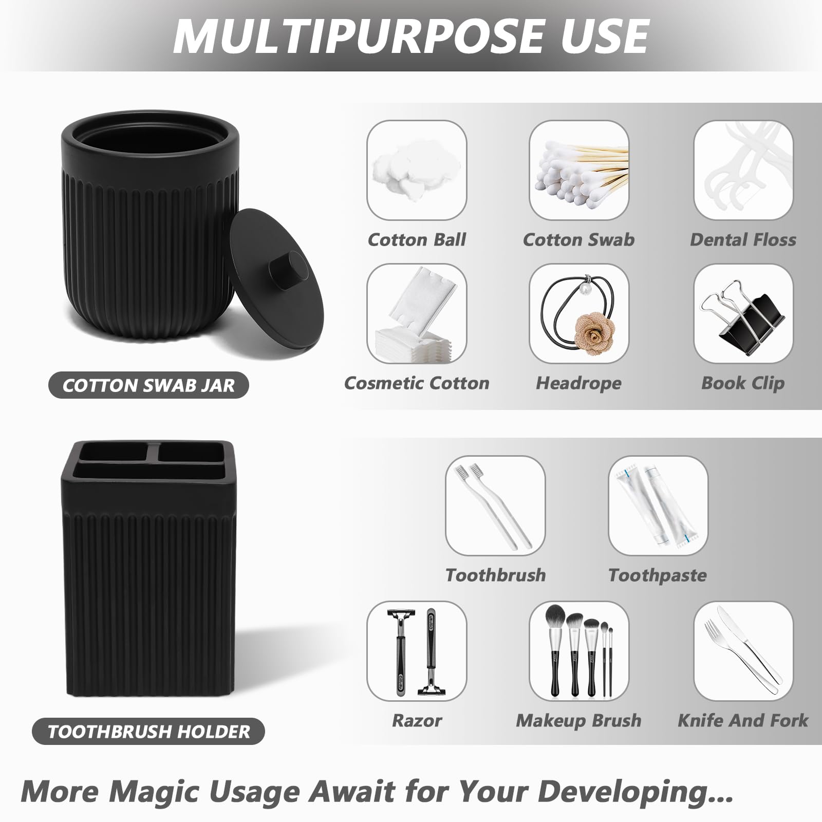 Resin Matte Black Bathroom Accessories Set 5 Pcs, Lotion Soap Dispenser, Toothbrush Holder, Bathroom Tumbler, Qtip Holder And Va