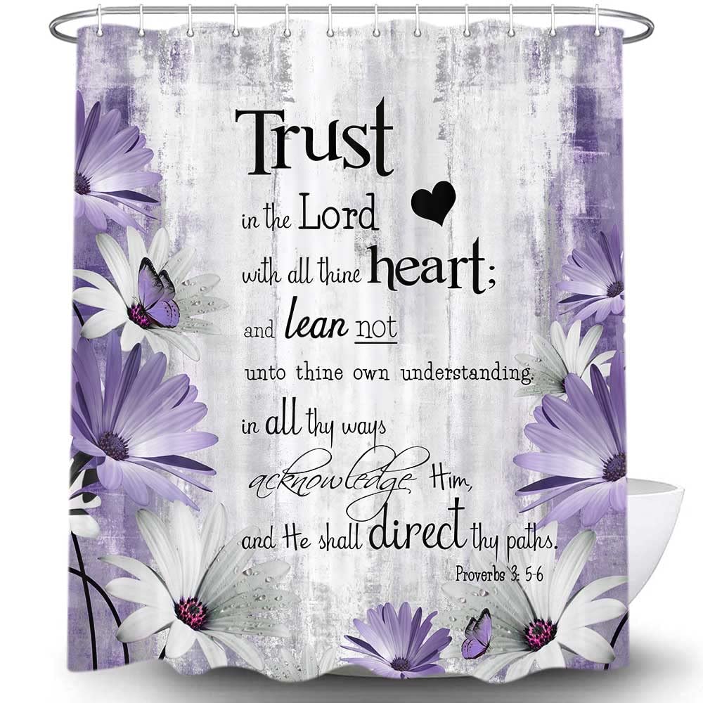 Rustic Farmhouse Purple Shower Curtain Bible Verse Inspirational Shower Curtain Country Farm Bright Violet Daisy Flowers Butterf