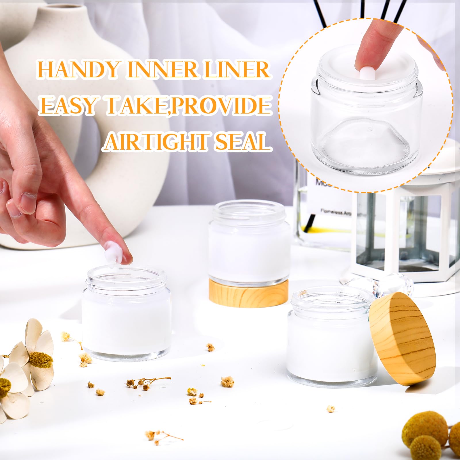 Layhit 24 Pcs Glass Jars With Lids Clear Small Jars With Woodgrain Lids, White Labels And Inner Liners Empty Round Cosmetic Cont