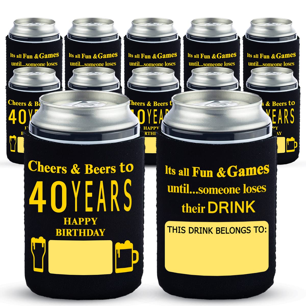 Yangmics Direct 40Th Birthday Can Cooler Sleeves Pack Of 12- Dirty 40 Birthday Party Supplies - Black And Gold Fortieth Birthday