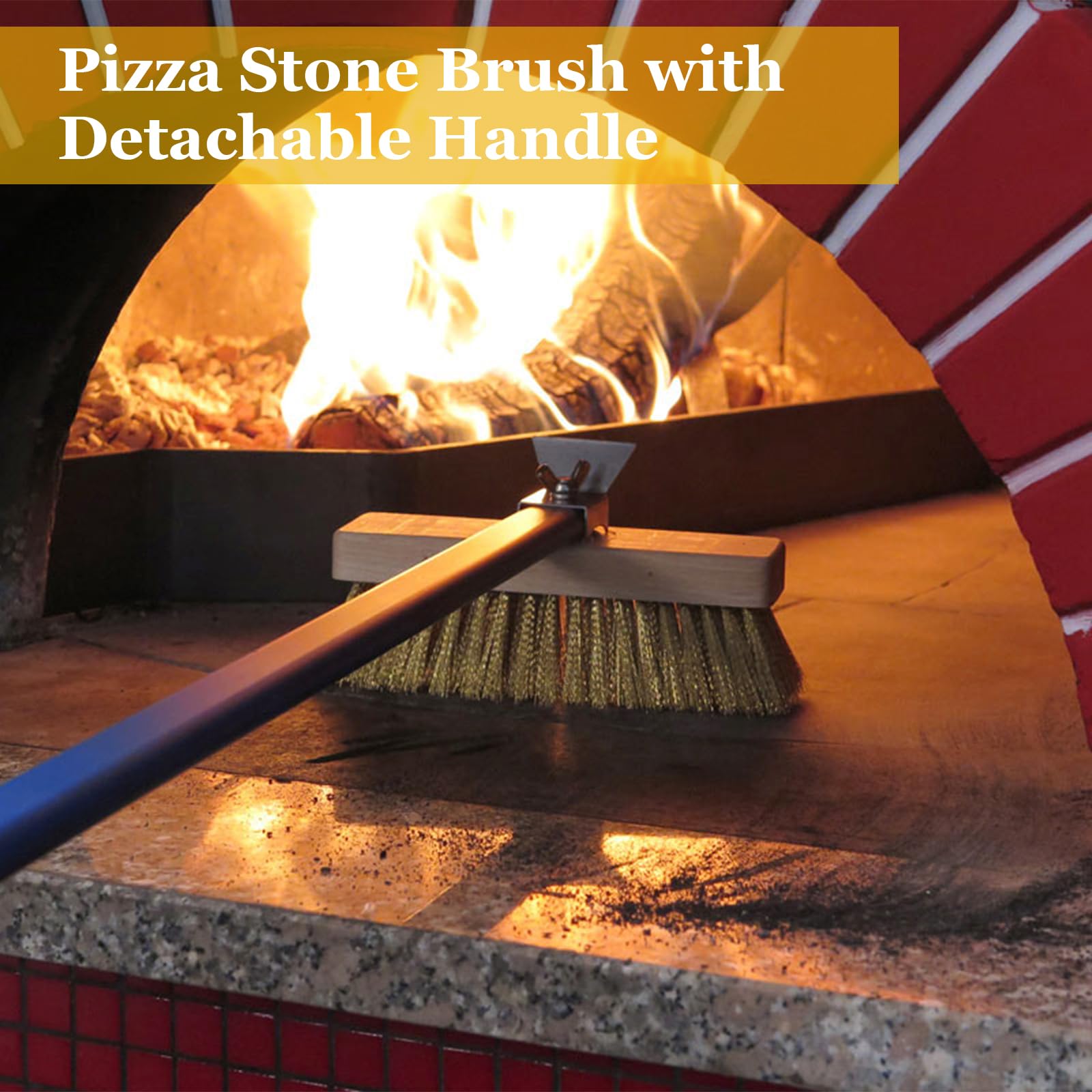 Muxhel 1 Pcs Adjustable 47'' Pizza Oven Brush With Scraper, Brass Bristles Pizza Stone Brush With Detachable Handle And Screwdri
