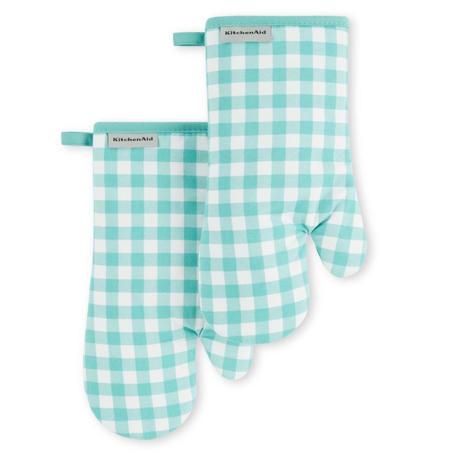 KitchenAid Gingham Oven Mitt 2-Pack Set, Aqua Sky, 7x13