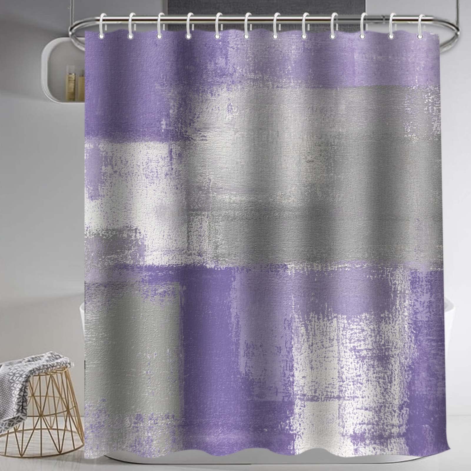 Lnond 4Pcs Purple Bathroom Shower Curtain Sets With Rugs, Purple And Grey Painting Art Bathroom Sets With Shower Curtain And Rug