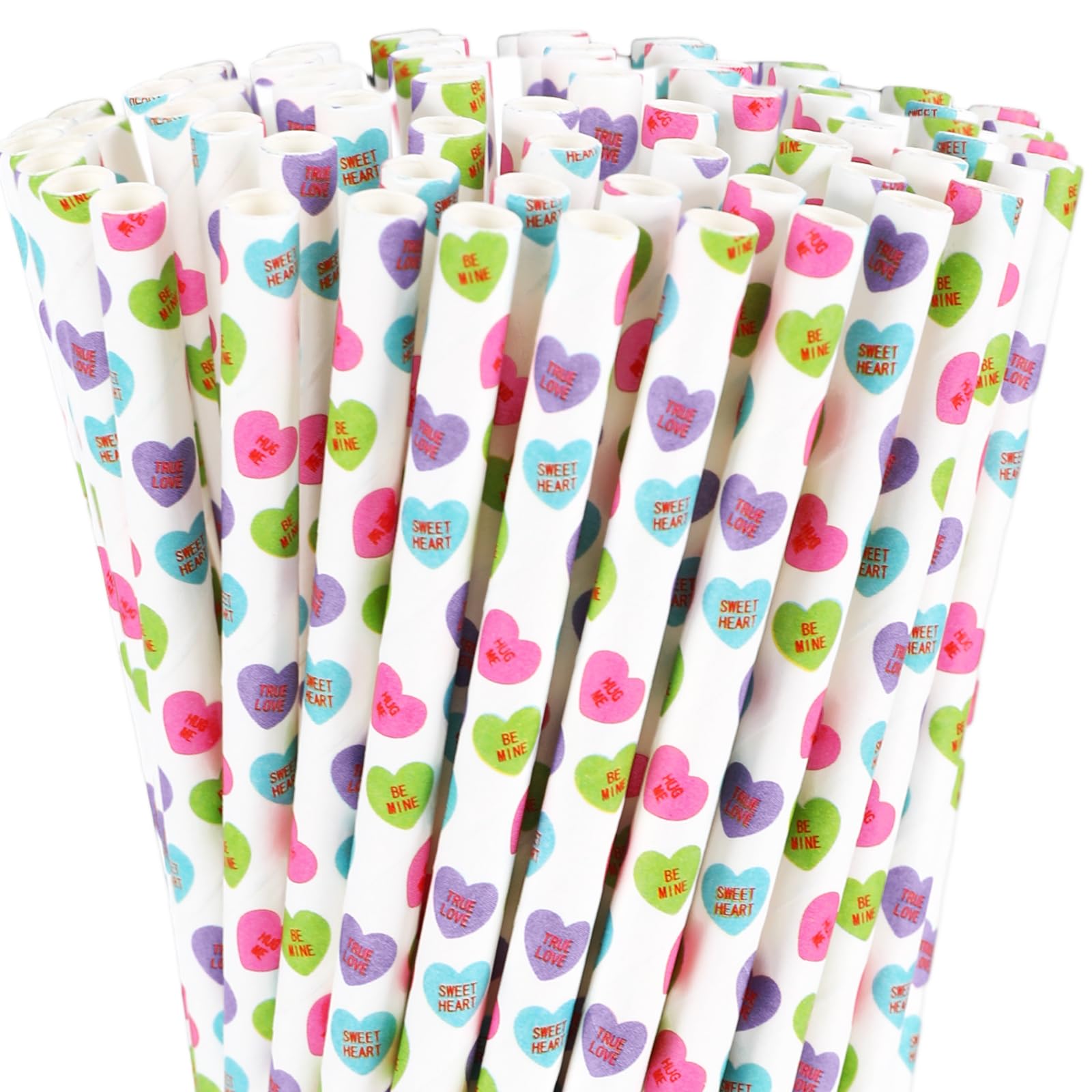 Whaline 200Pcs Valentine'S Day Paper Straws Conversation Heart Disposable Drinking Straws Candy Color Heart Decorative Straws Fo