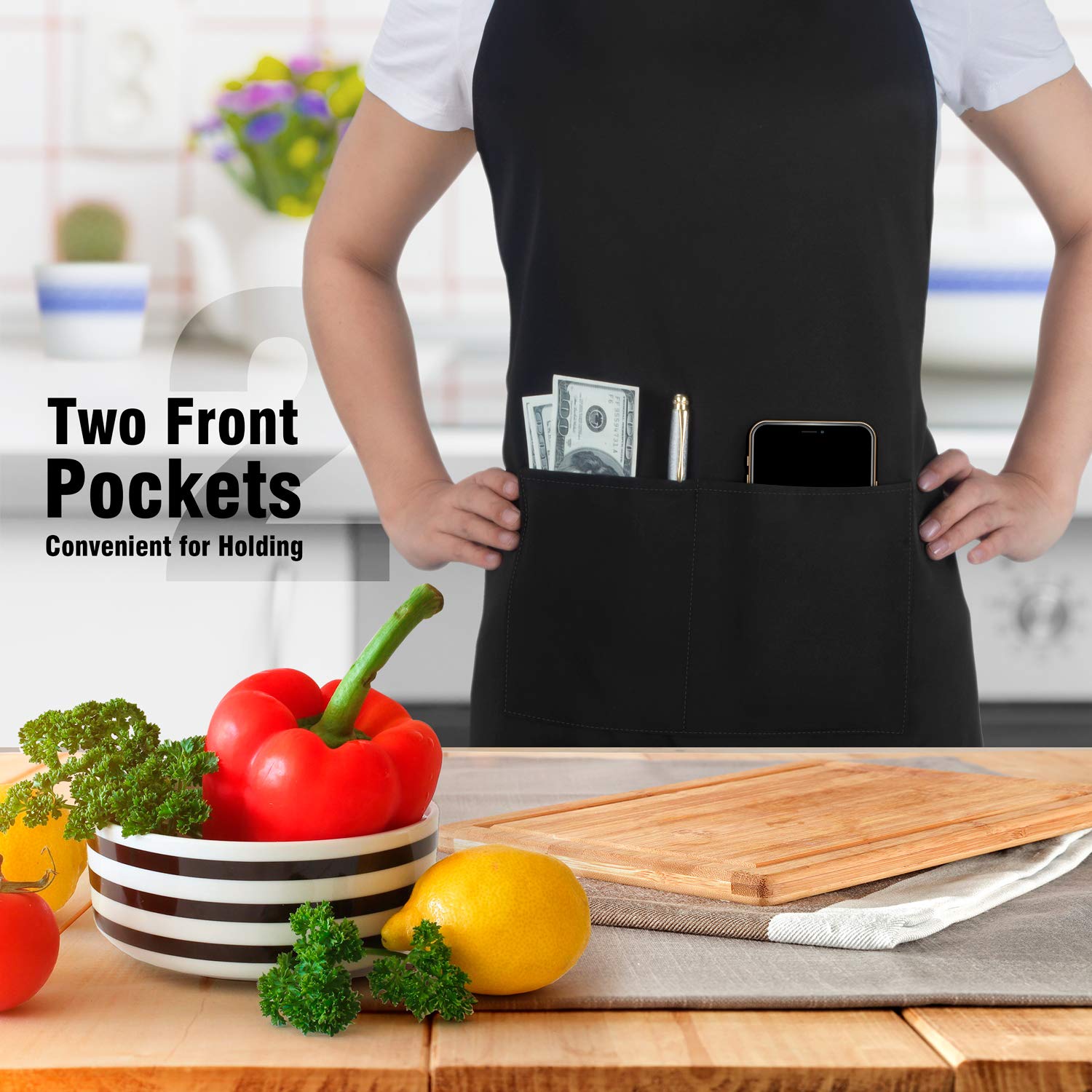 Xornis 4 Pack Bib Aprons With 2 Pockets Kitchen Apron Cooking Chef, Black