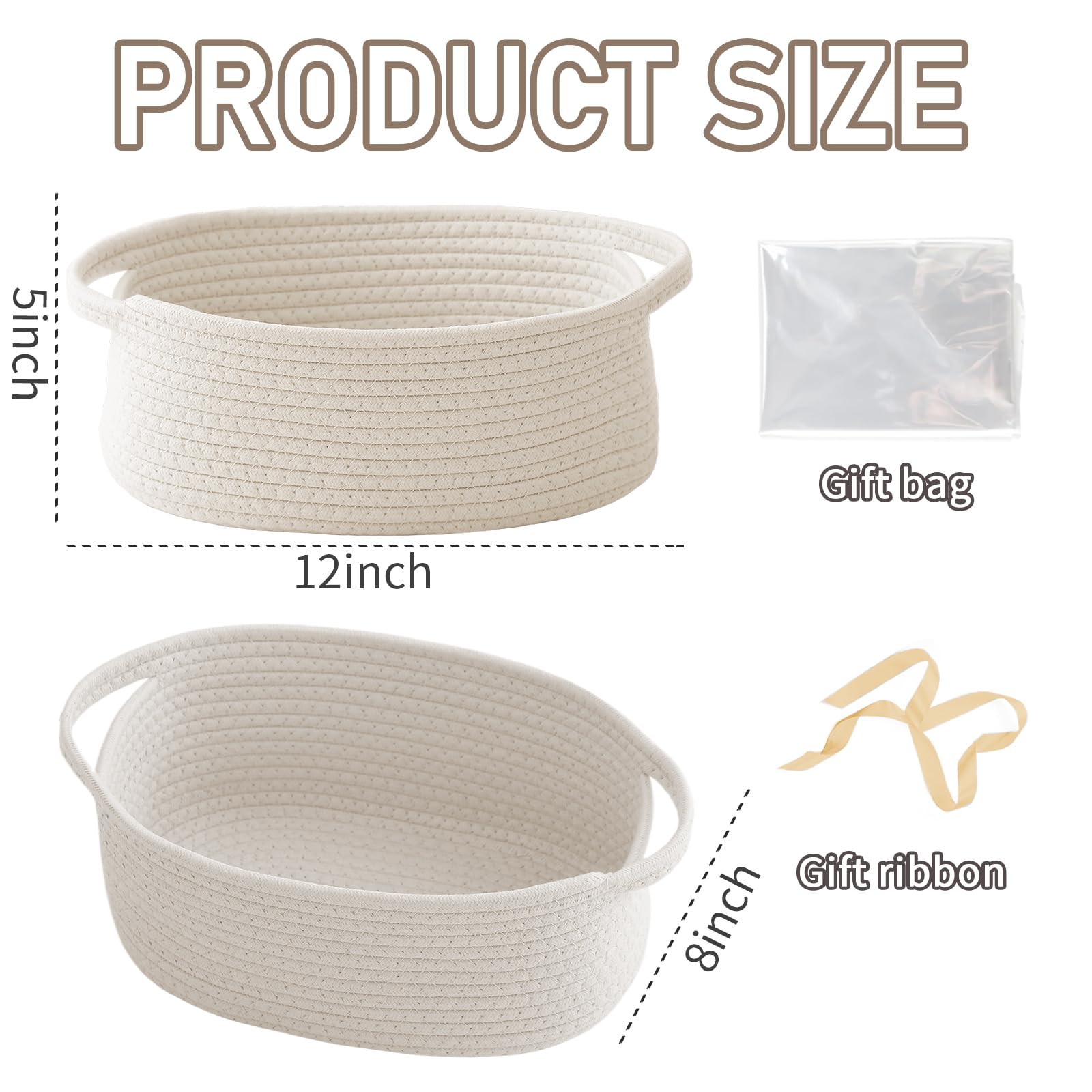 JMvicyroam Woven Basket,Small Rope Storage Bin with Handles & Ribbon Bag, Organizer for Shelves Closets,Gift Basket Empty for Bi