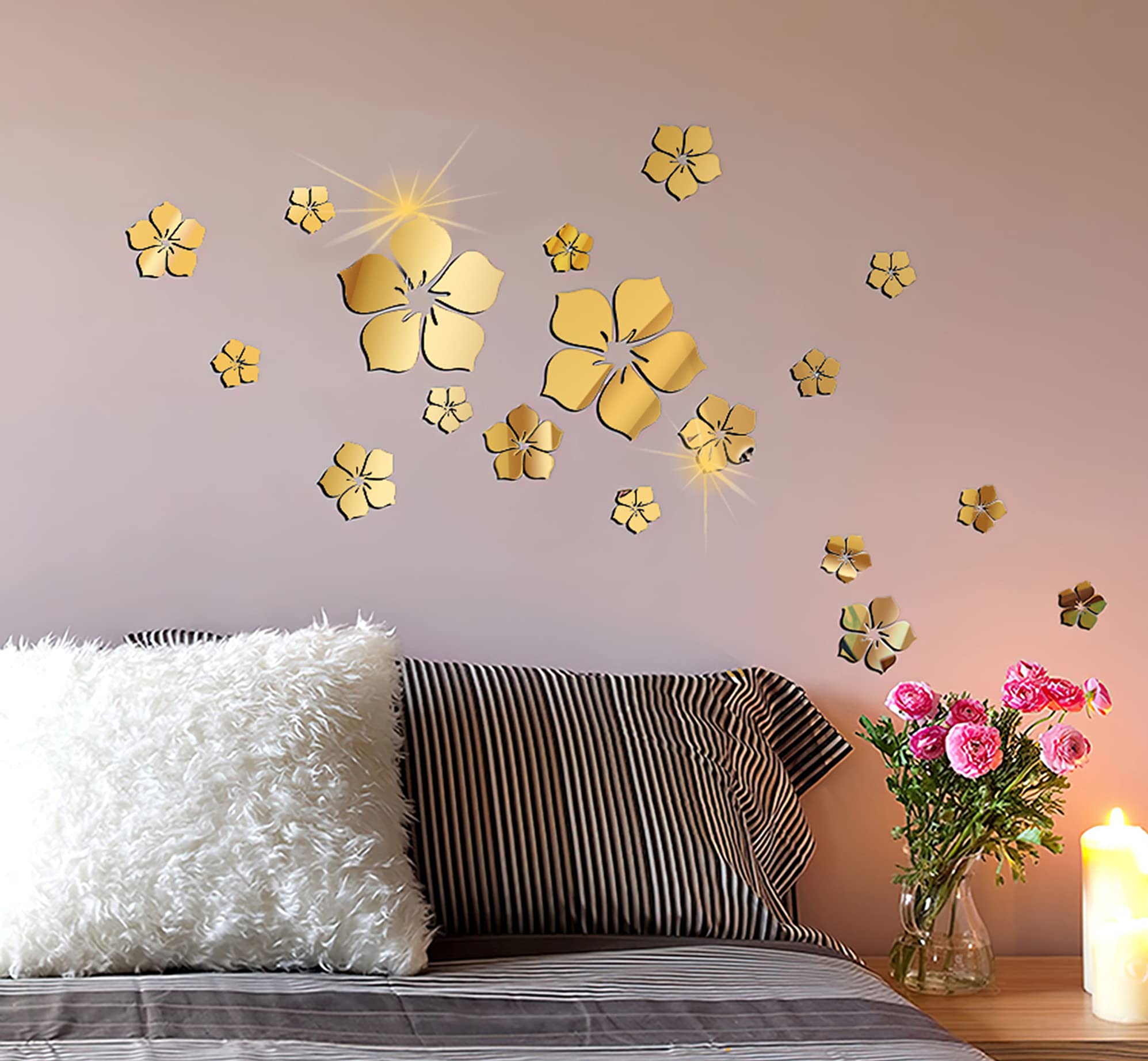 Philbinden Acrylic Mirror Floral Wall Stickers Self Adhesive Mirror Wall Decor Removable Mirror Decor 3D Flower Diy Wall Sticker
