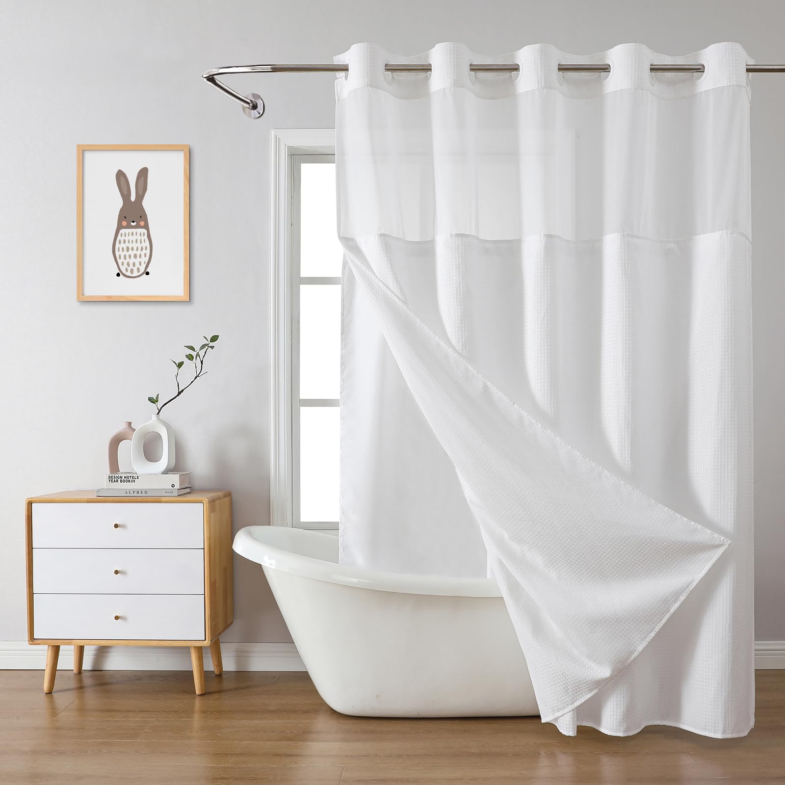 Eachope White Extra Long No Hook Waffle Weave Shower Curtain With Snap-In Liner Replacement, 230Gsm Waterproof Fabric Hotel Show