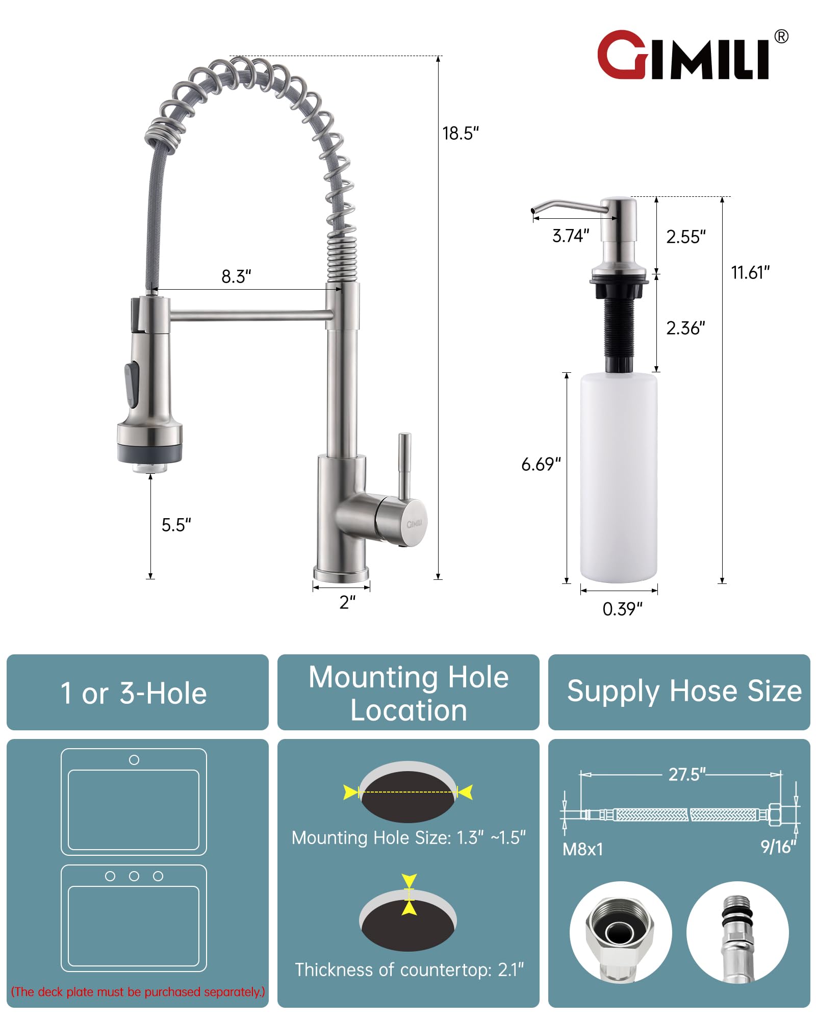 GIMILI LED Kitchen Faucet with Soap Dispenser  Modern Single Handle Spring Kitchen Sink Faucets with Pull Down Sprayer