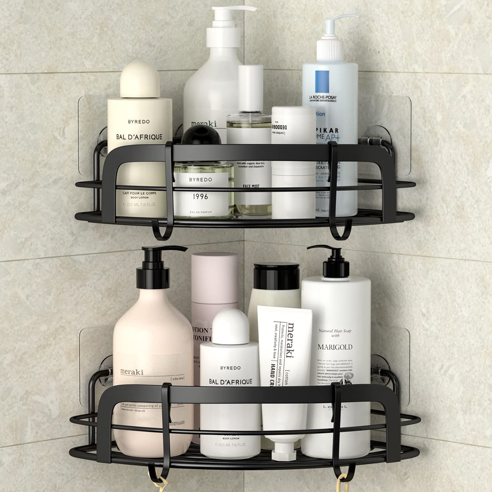 Steugo Black Bathroom Corner Shower Shelfs, Adhesive Wall Mounted Shower Caddy With 4 Movable Hooks, Rustproof Stainless Steel B