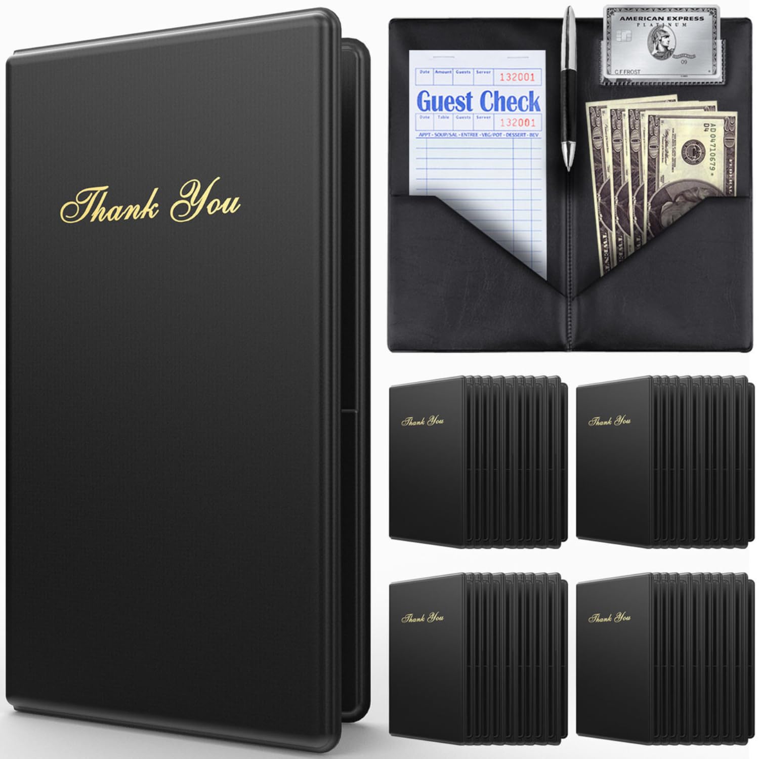 Check Presenters For Restaurants - 40 Pack Guest Check Card Holder- Black With Gold Thank You Imprint- Bill Book Restaurant Supp
