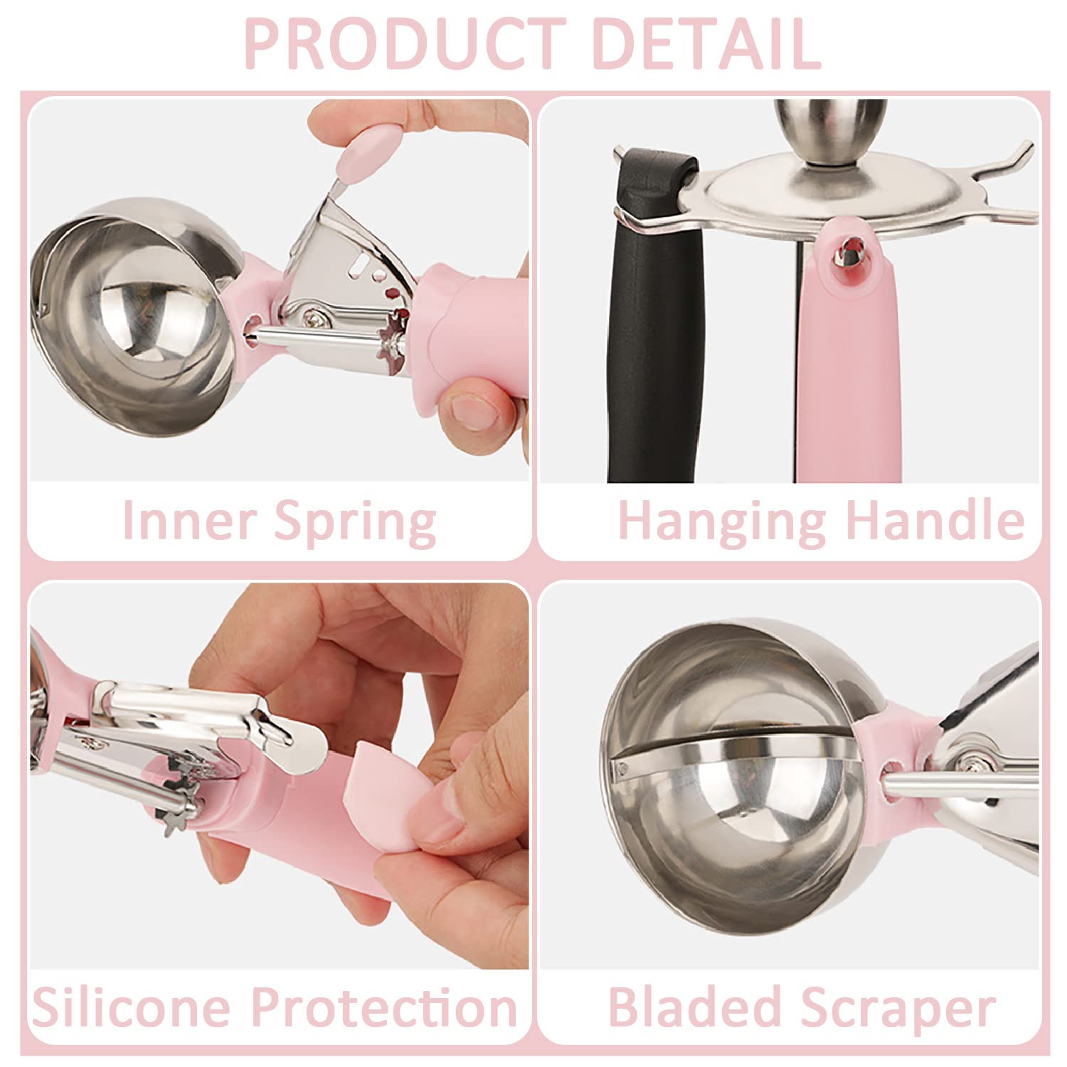 2 Pack Ice Cream Scoop Cookie Dough Scoop With Trigger Pink Handle For Cookie Dough Cupcake Batter Ice Cream Portion Control (Pi