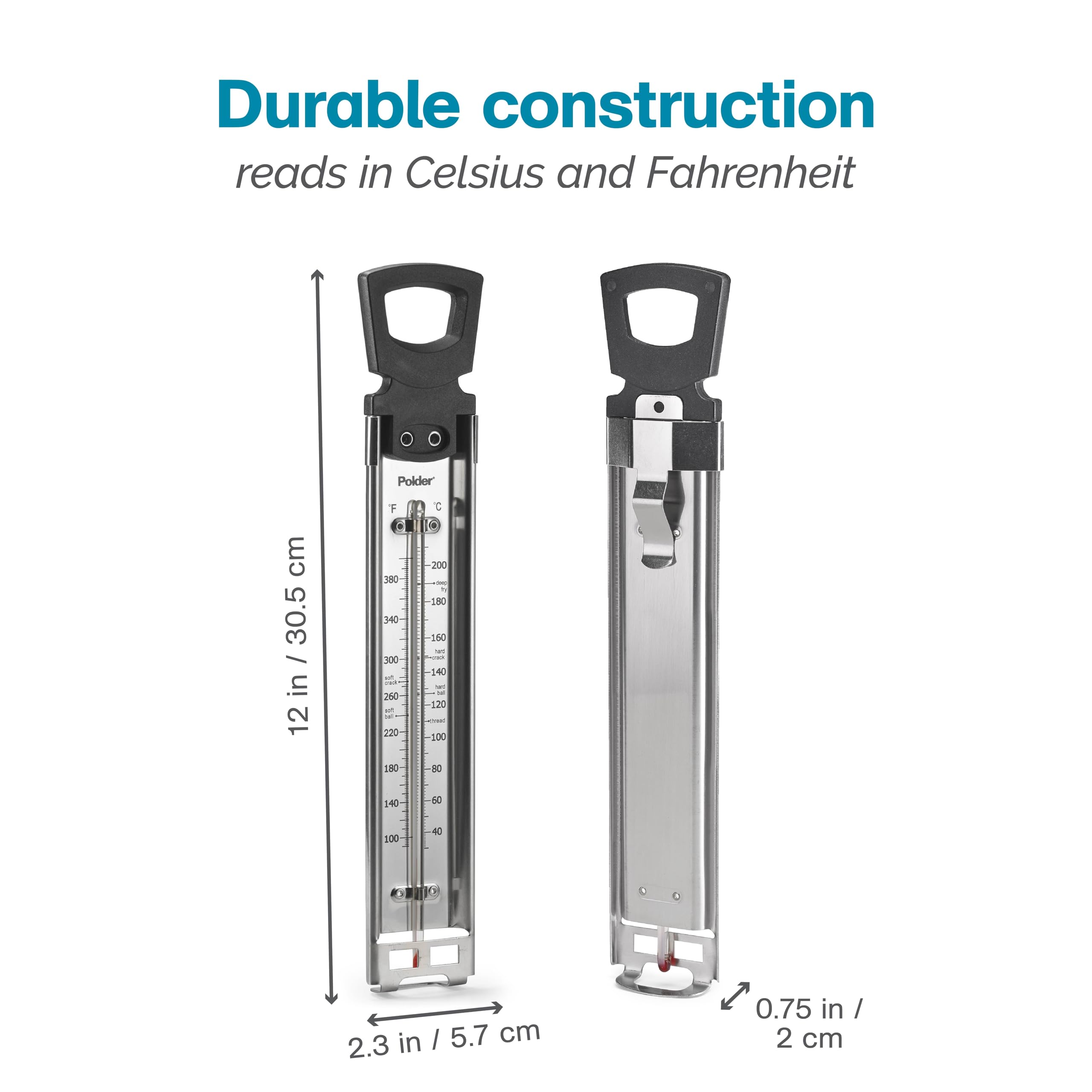Polder Candy/Jelly/Deep Fry Thermometer, Stainless Steel, With Adjustable Sliding Pot Clip Attachment And Quick Reference Temper