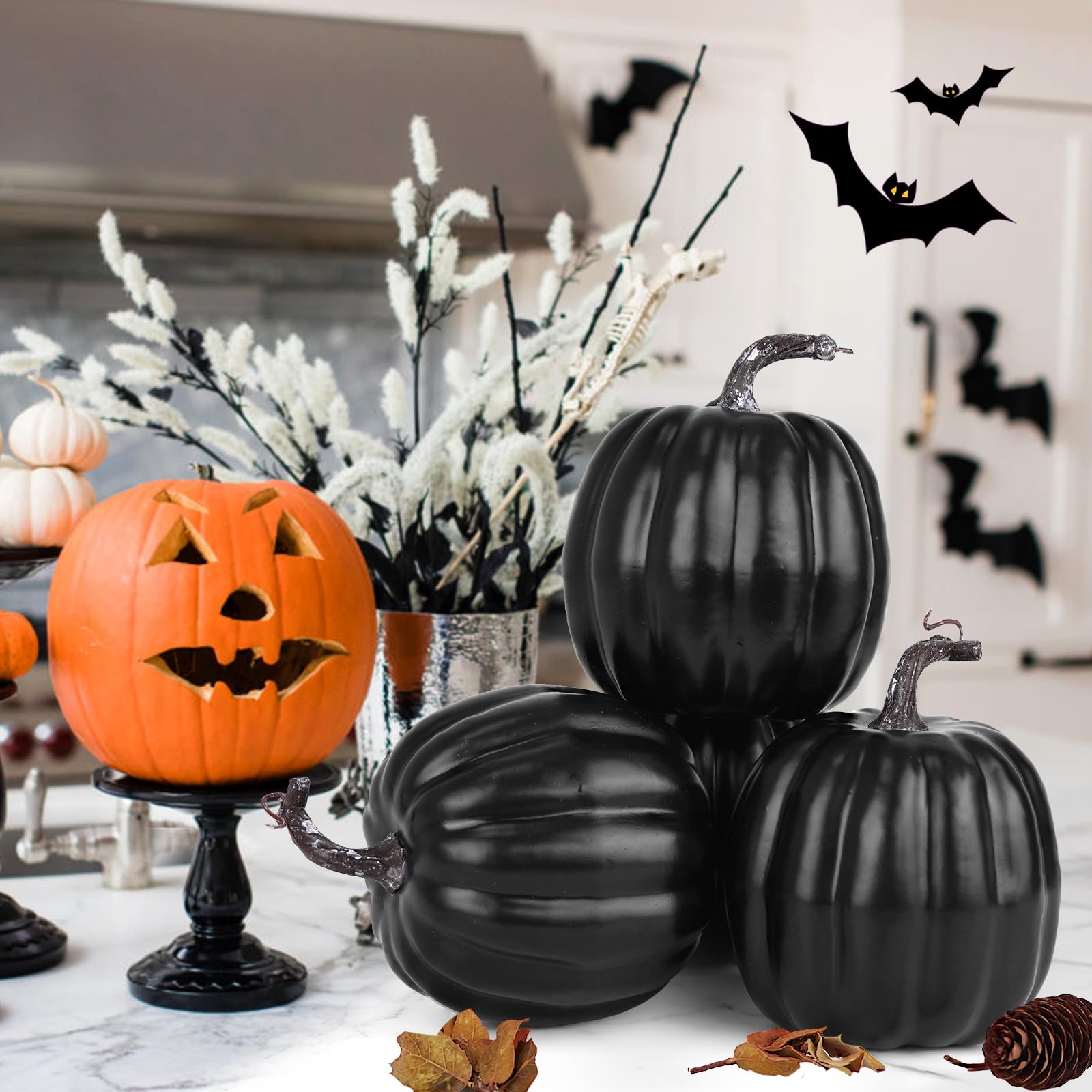 Artmag 6 Inch Large Artificial Pumpkins, 4PCS Big Black Faux Foam Harvest Pumpkins for Fall Autumn Thanksgiving Seasonal Holiday