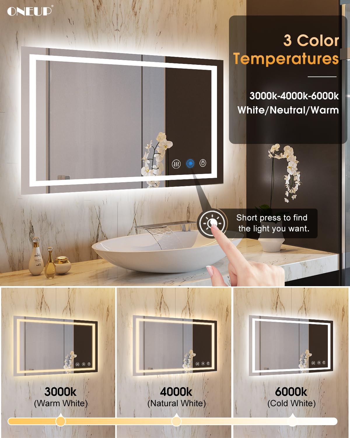 Oneup 40''X24'' Bathroom Mirror With Lights,Front Lighted Bathroom Mirrors For Wall,Anti-Fog Smart Vanity Mirror,Touch Button An