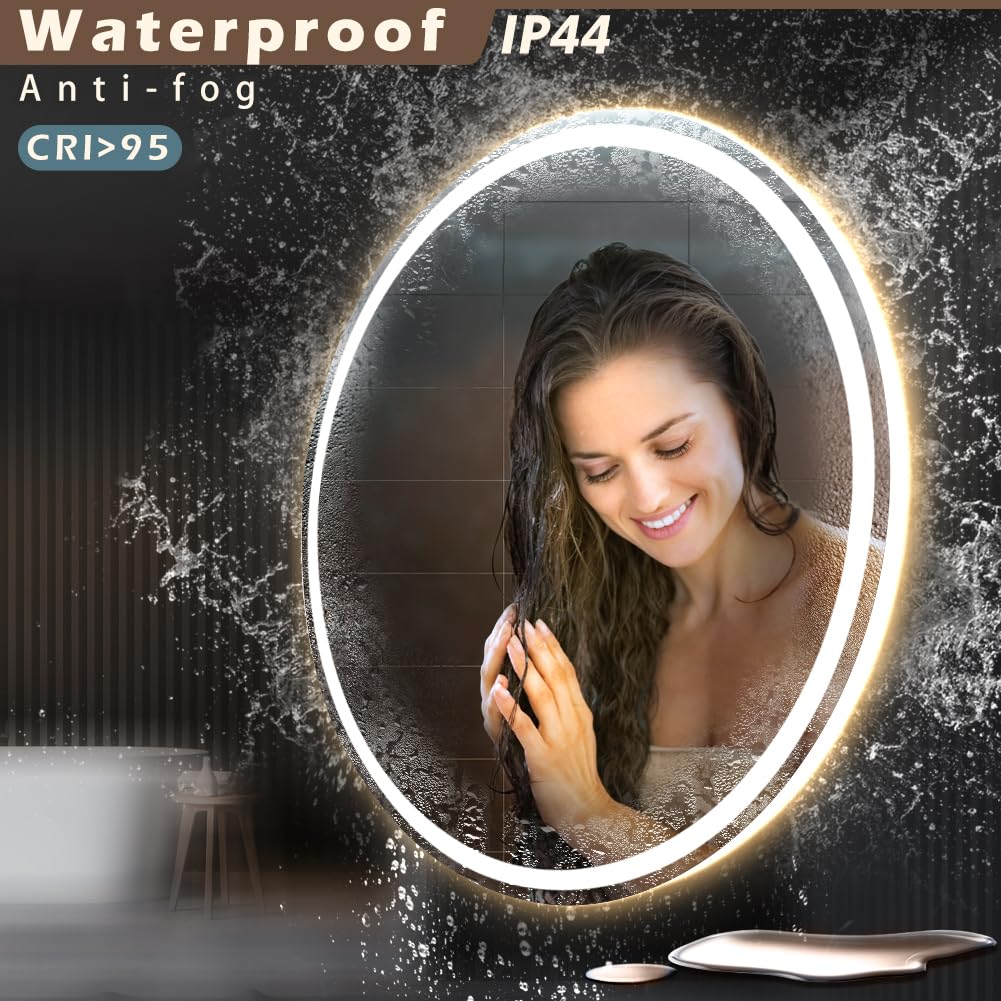 KWW 28 Inch Large Modern LED Round Bathroom Vanity Mirror  Color Temperature Adjustable  Anti-Fog Dimmable Lights  Easy to Install  Wall Mounted Makeup Mirror with Smart Touch Button
