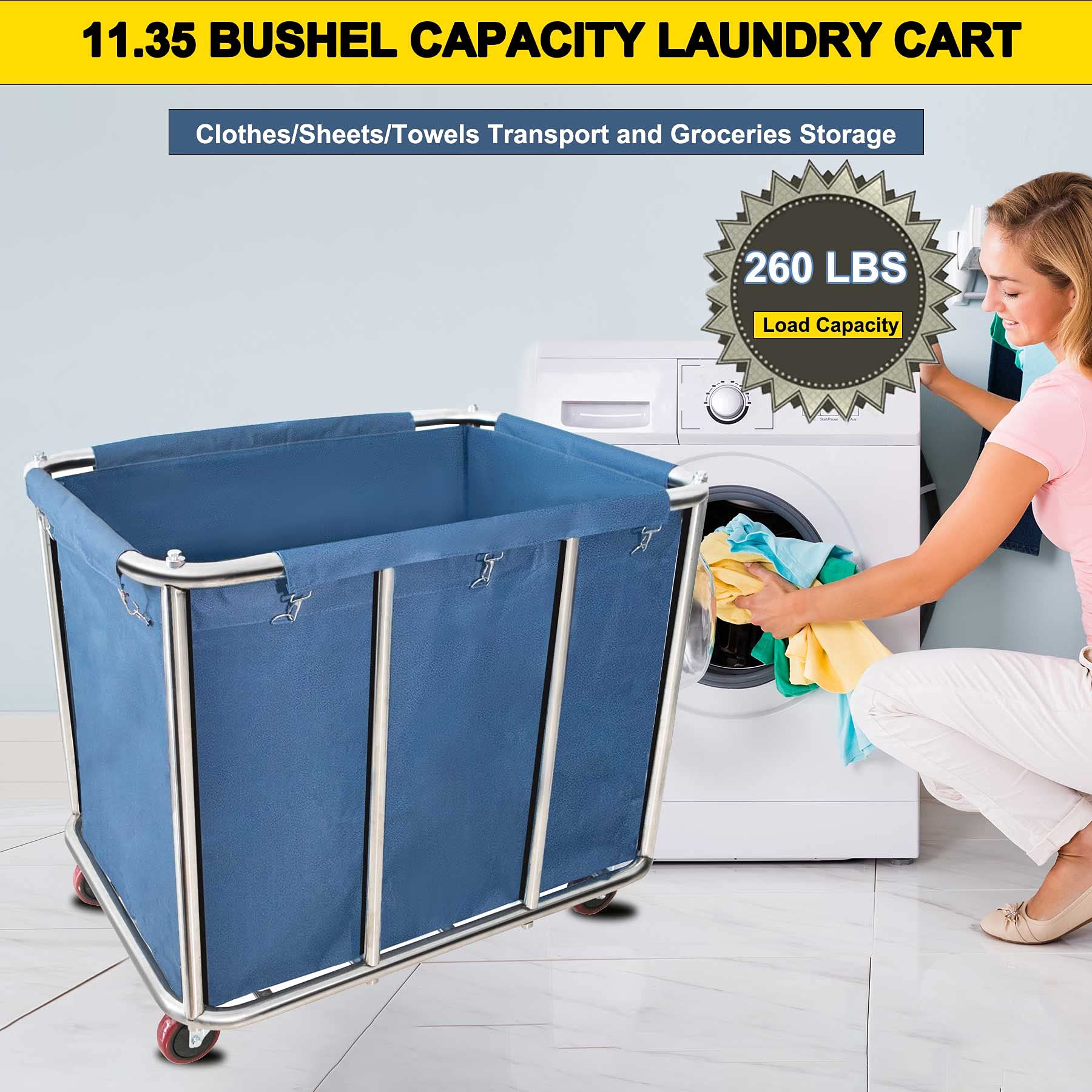 11.35 Bushel Industrial Rolling Laundry Cart,Laundry Basket Bulk Truck Commercial Household,Large Heavy Duty Laundry Hampers Wit