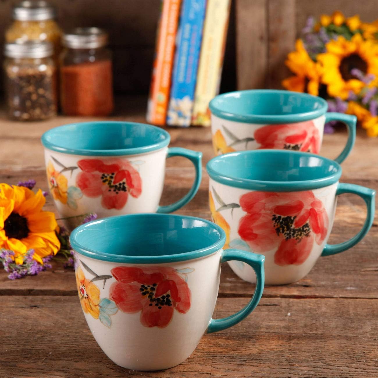 The Pioneer Women Flea Market Decorated Coffee Cup, Floral Turquoise, Set Of 4