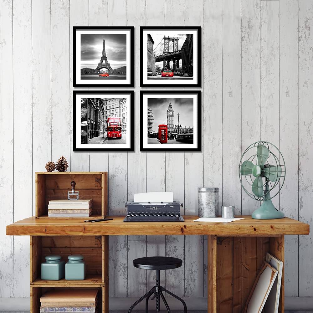 Englant 4 Pieces Framed Canvas Wall Art, Black White And Red Wall Decor Landscape Poster With Eiffel Tower, Brooklyn Bridge, Lon