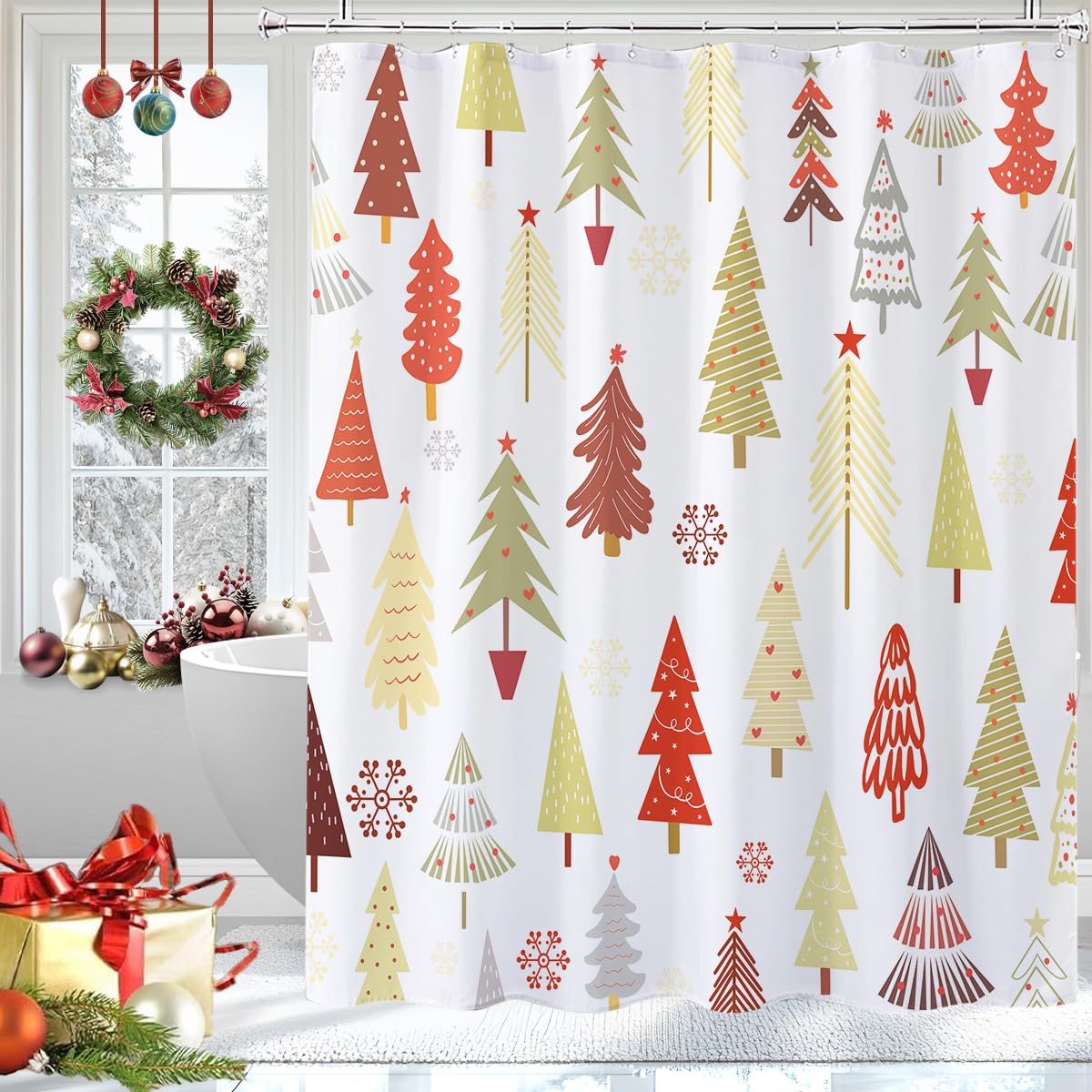 LYLYCTY Red Christmas Tree Shower Curtain,Winter Boho Shower Curtains for Bathroom Fabric Washable 72x72 Inches