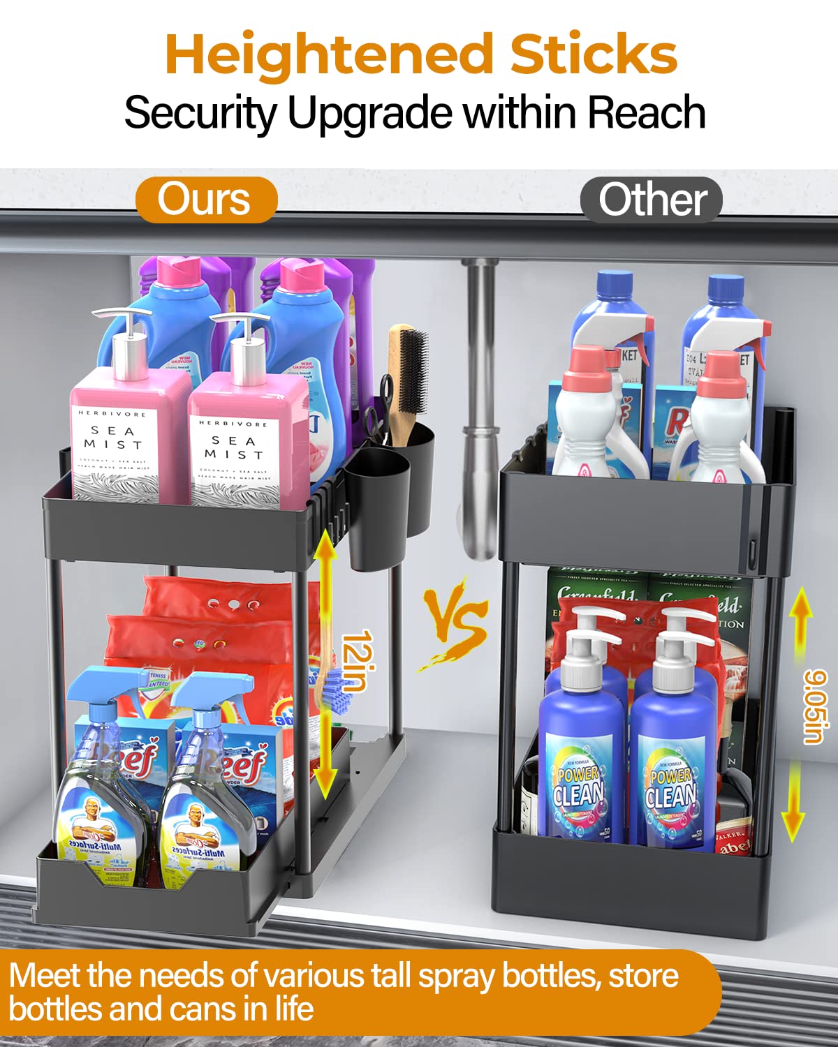 2 Pack Under Sink Organizers And Storage Bathroom, 2 Tier Under Sliding Kicthen Cabinet Basket Organizer With Hooks, Hanging Cup