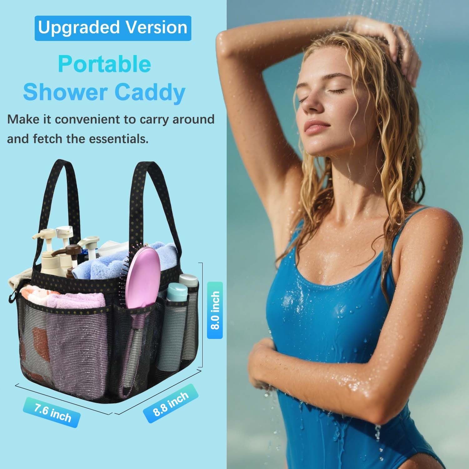 Haundry Mesh Shower Caddy Basket  Large College Dorm Bathroom Caddy Organizer with Key Hook and Oxford Handles  8 Pockets  Hanging Portable Tote Bag for Camp Gym