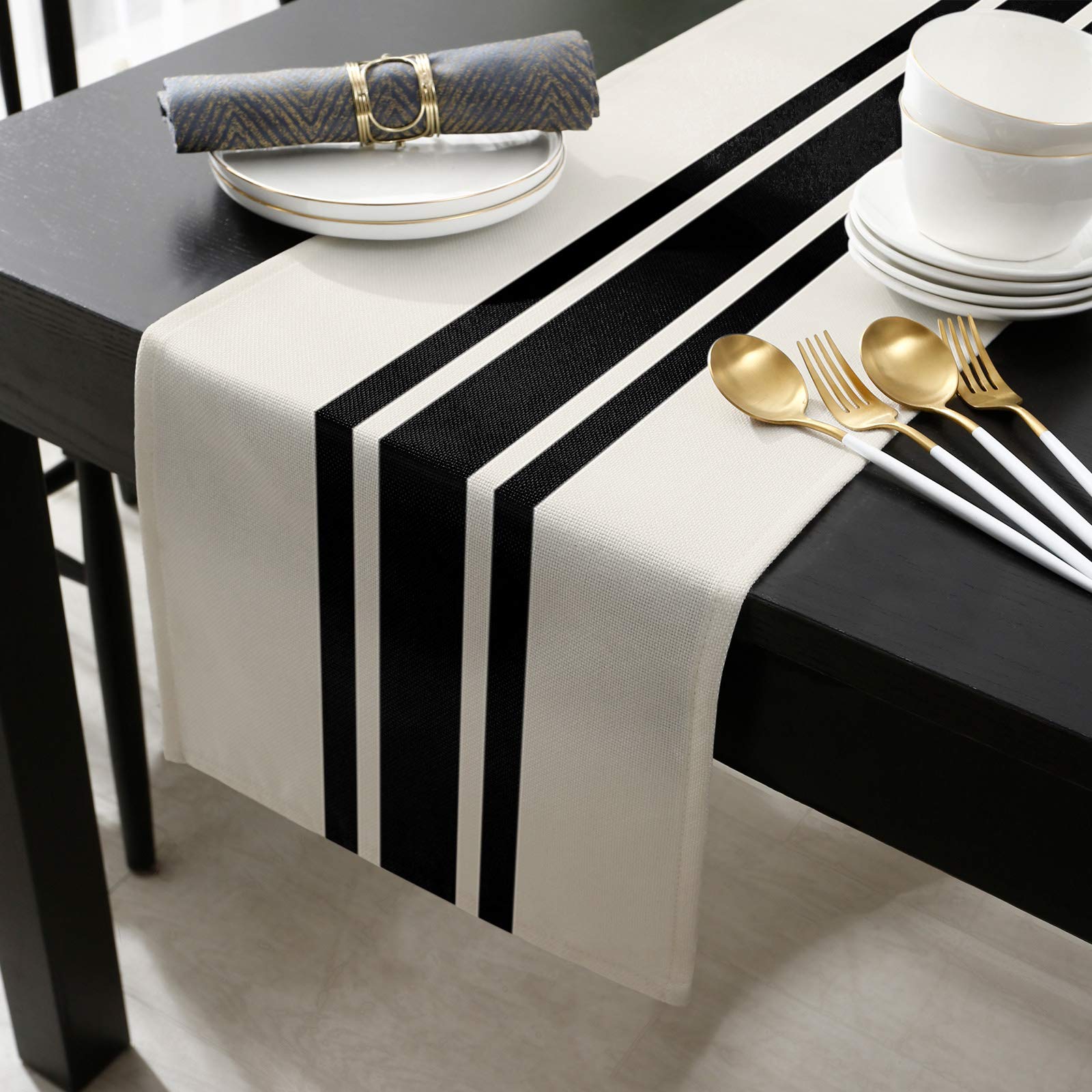 Rural Farmhouse Black Line Stripes Burlap Table Runner 108 Inches, Beige Bed Runner Dresser Scarves Tabletop For Indoor Outdoor