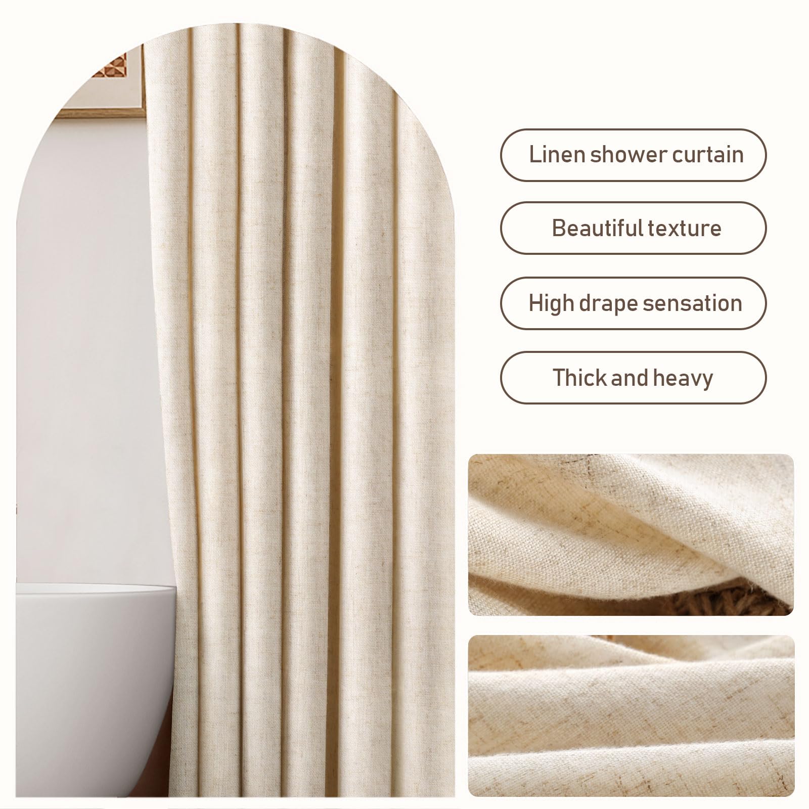 Linen Shower Curtain Stall Beige Boho Farmhouse Shower Curtains For Bathroom Natural Cloth Cotton Fabric Liner Cream 60 X 72 Inc