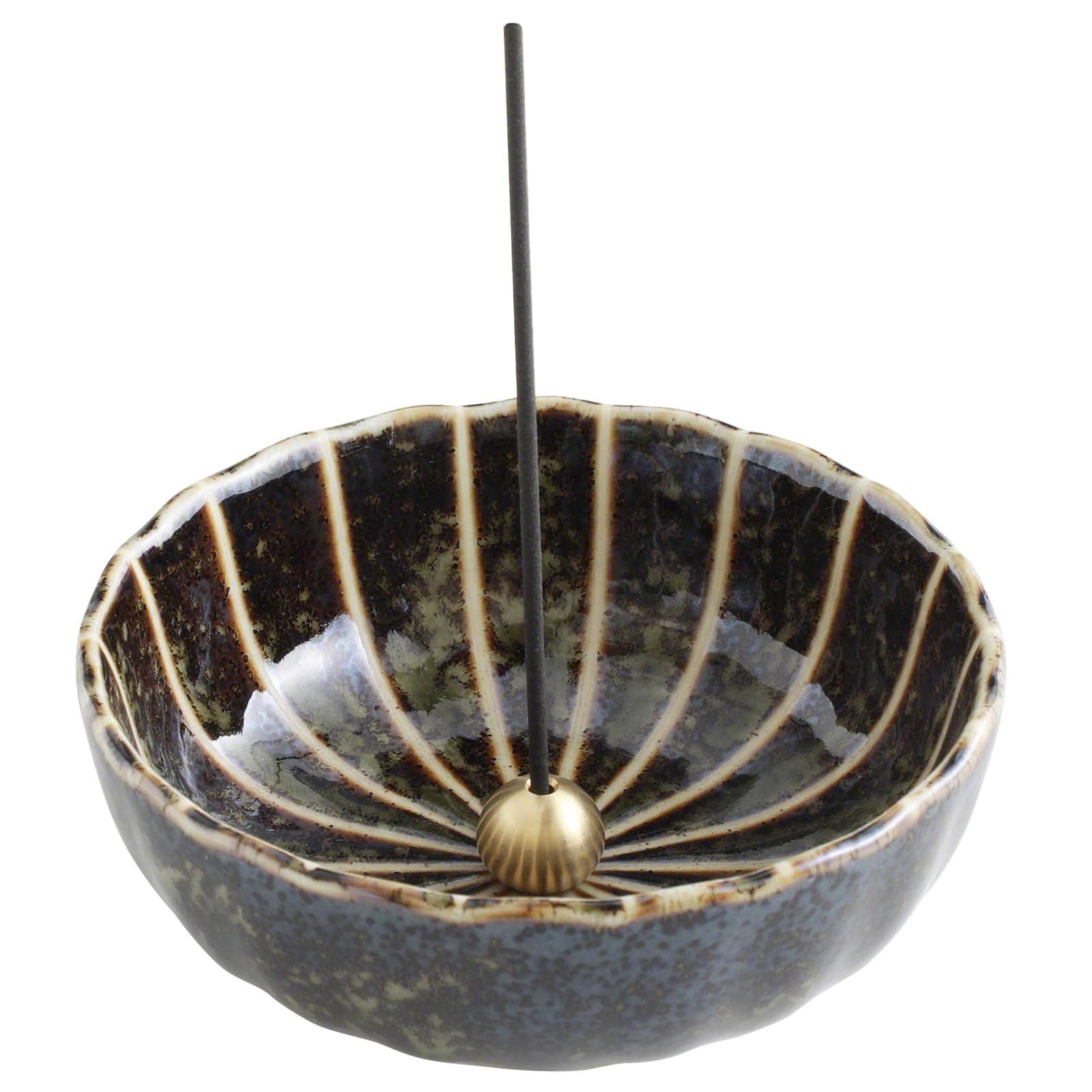 Asayu Japan Lotus Incense Holder for Sticks 4.1 inch (105mm), Traditional Made in Japan Ceramic Ash Catcher and Brass Incense Bu