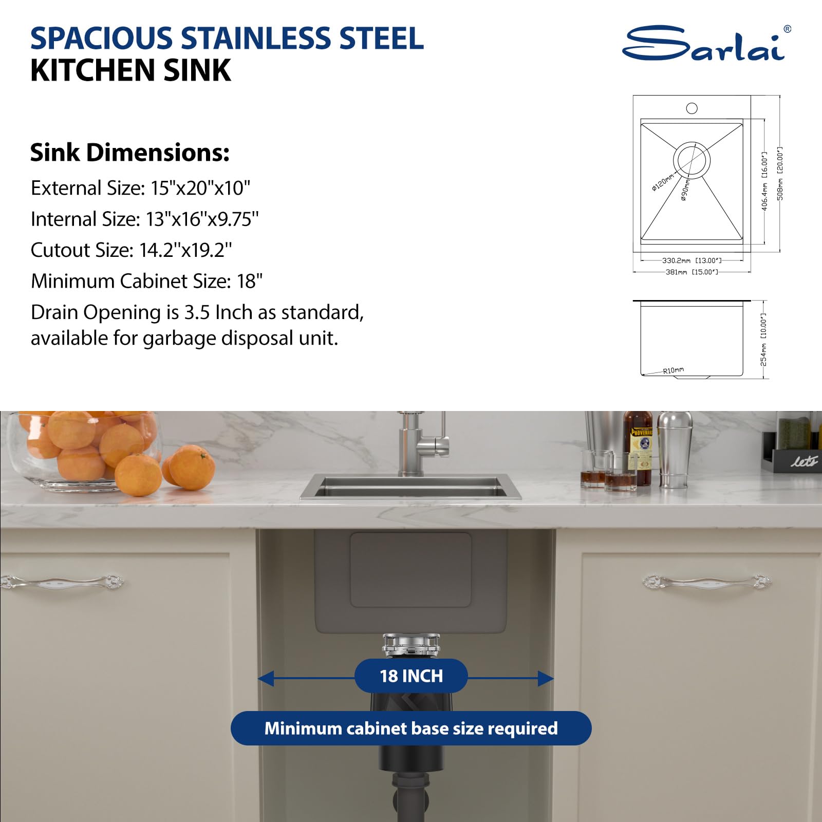 Sarlai 15 Drop Bar Sink Workstation - 15''X 20'' Kitchen Bar Sink Topmount Workstation 16 Gauge Stainless Steel Single Bowl Over