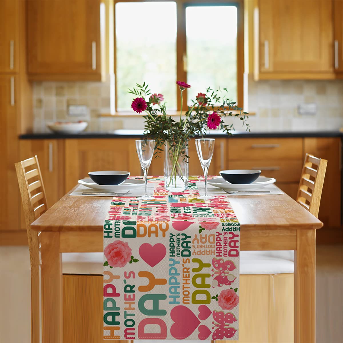 Vohado Happy Mother'S Day Table Runner Pink Rose Butterfly Love Kitchen Dining Table Decoration Buffalo Plaid Table Cover Linen