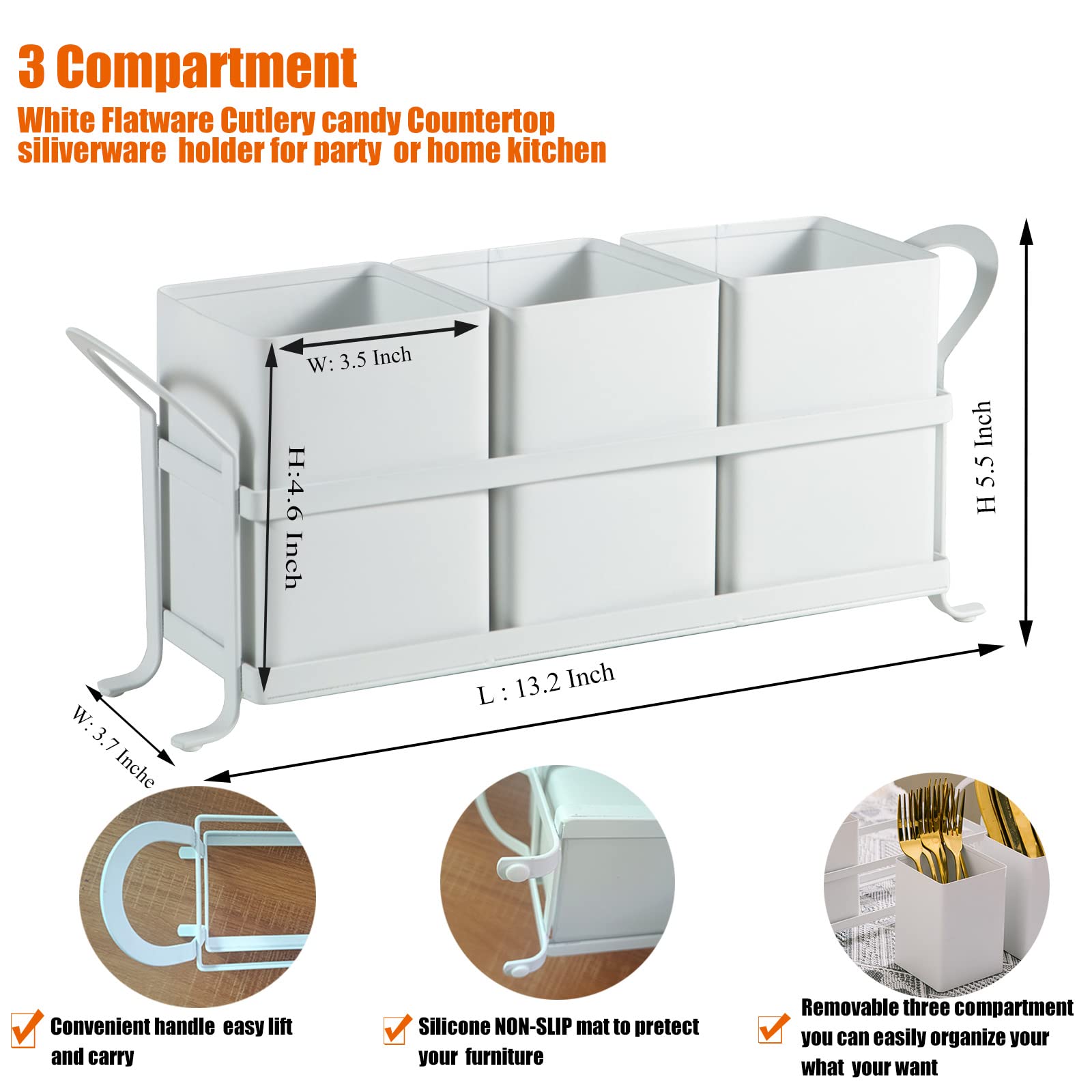 Nelybet White Metal Utensil Caddy, 3 Compartments, Portable Design, Perfect For Countertop, Outdoor, And Camping