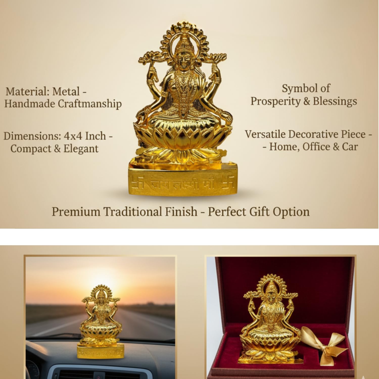Salvus App Solutions Traditional Metal Handmade Maa Laxmi Murti/Statue For Home-Office Decor & Car Dashboard (4X4 Inch)